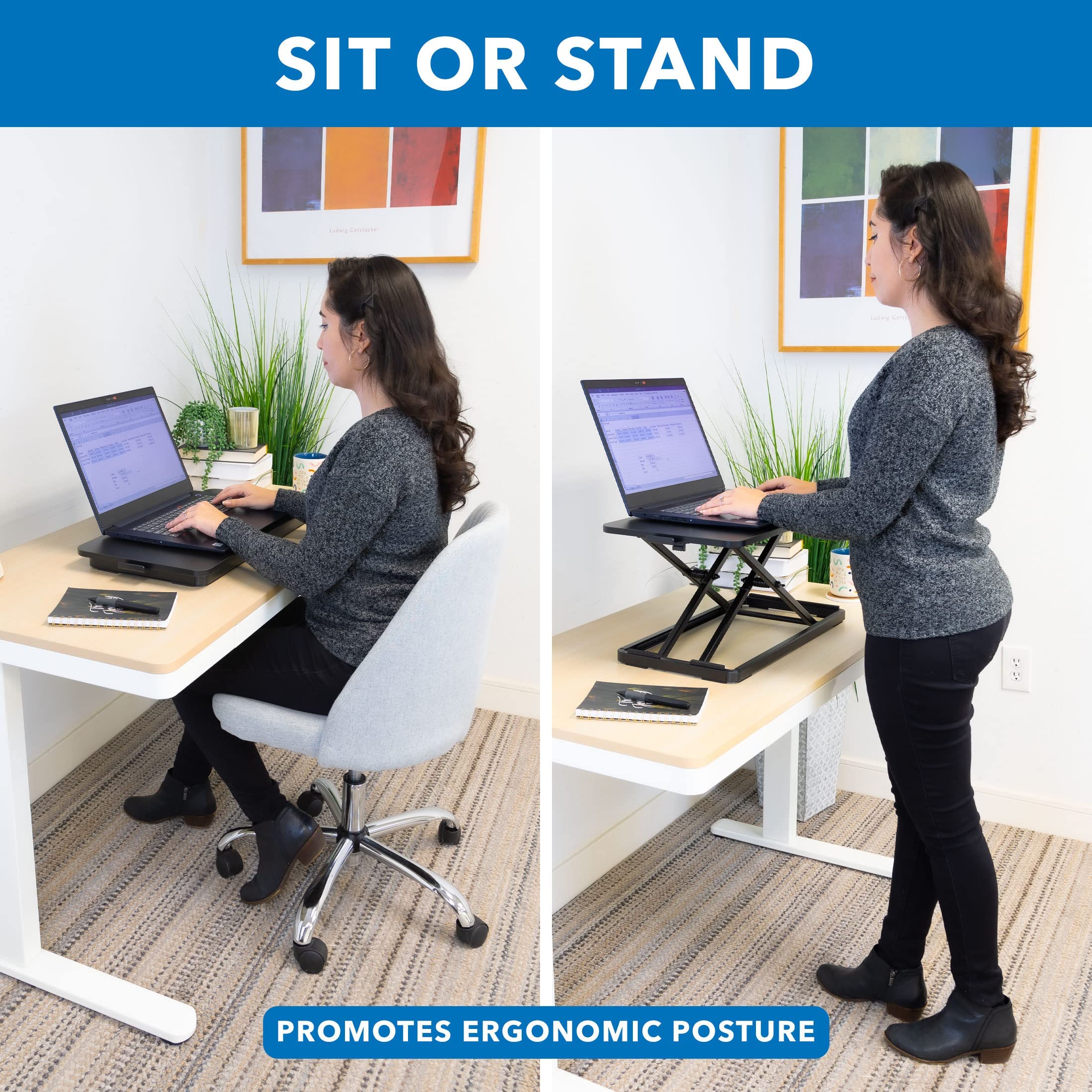 Steh-Sitz Schreibtisch Höhenverstellbar, Ergonomische,60 x 34 cm Stehpult,für Büro, Arbeitszimmer, Wohnzimmer und Fenster, Schwarz