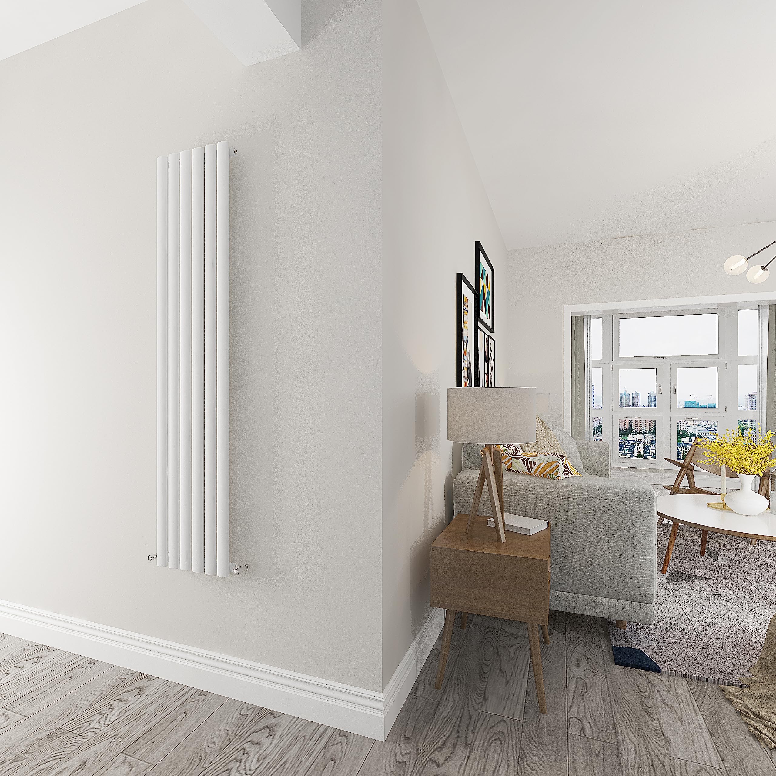 Skybathroom | 1600x354mm Vertical White Oval Single Slim Panel Tall Upright Central Heating Radiator
