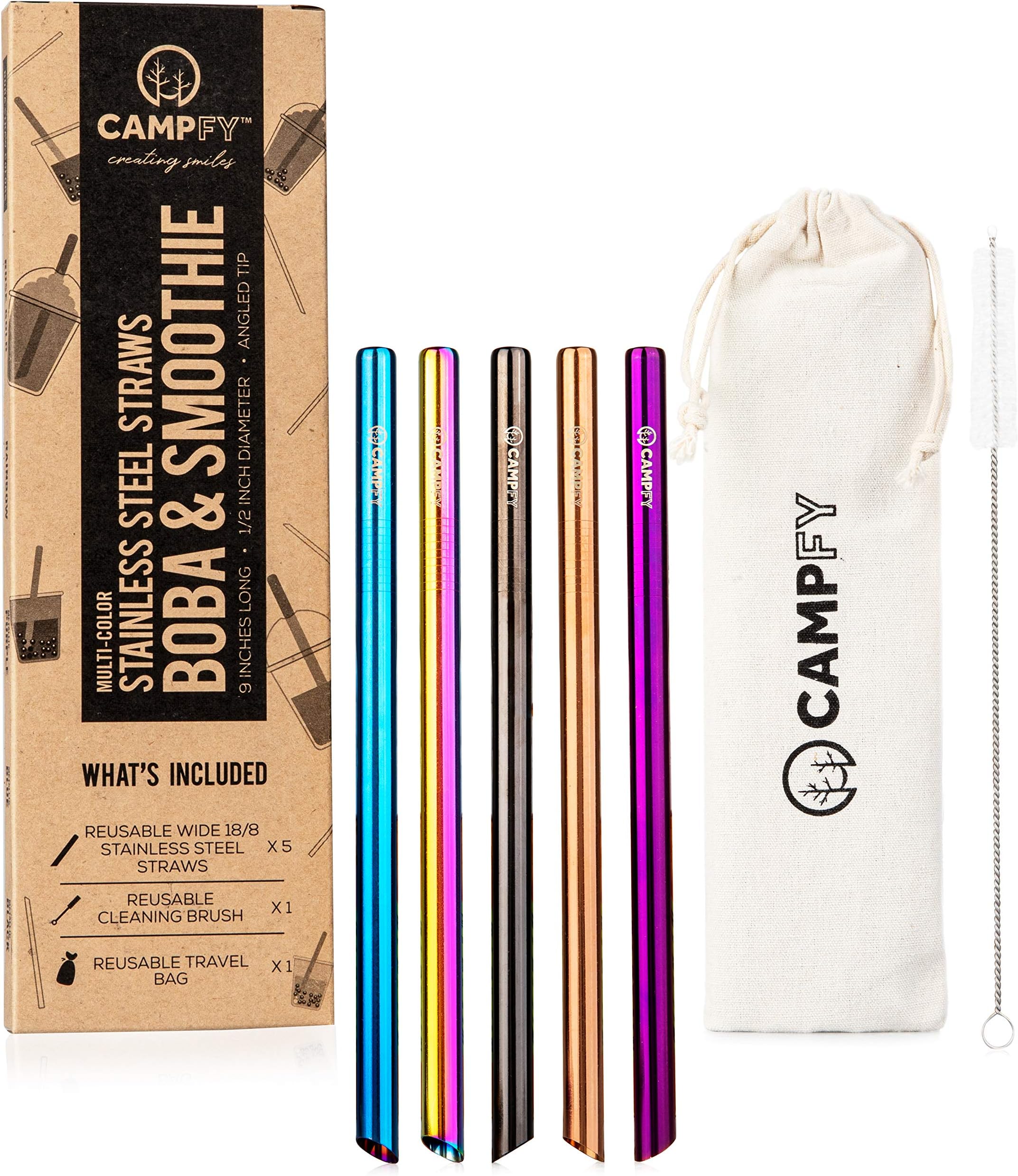 9" Stainless Steel Boba Straw Multi-Color Set: 5 Angled-Tip Straws & Cleaning Brush - Wide Bubble Tea Straws - Reusable & Metal Drinking Straws for Reduced Plastic Consumption - Dishwasher Safe