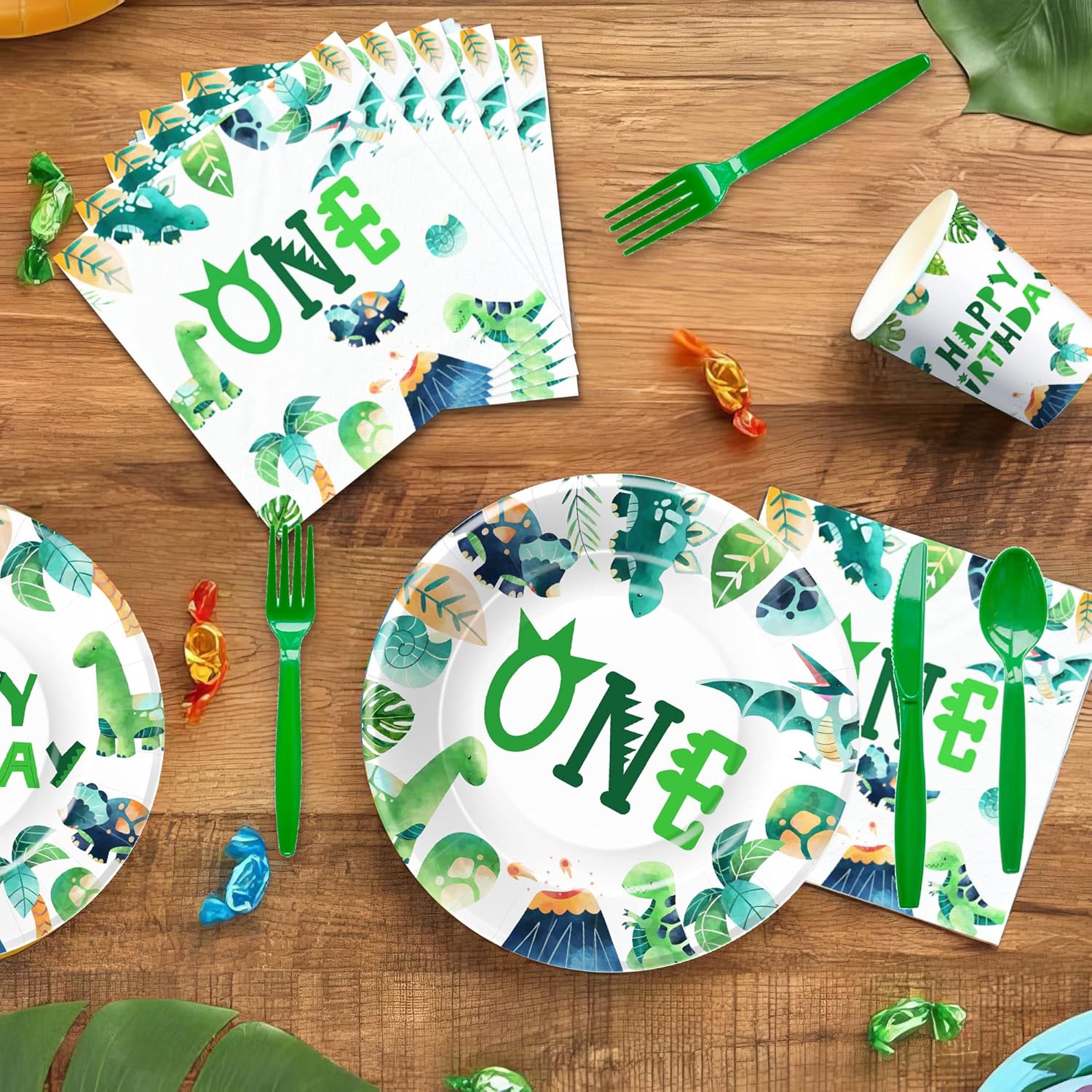 Dinosaur Party Supplies - Dinosaur Party Decorations Tableware For First Birthday, Plate, Cup, Napkin, Tablecloth, Cutlery, Straw, Dino 1st Birthday Decorations Dinnerware | Serve 24 - Image 4
