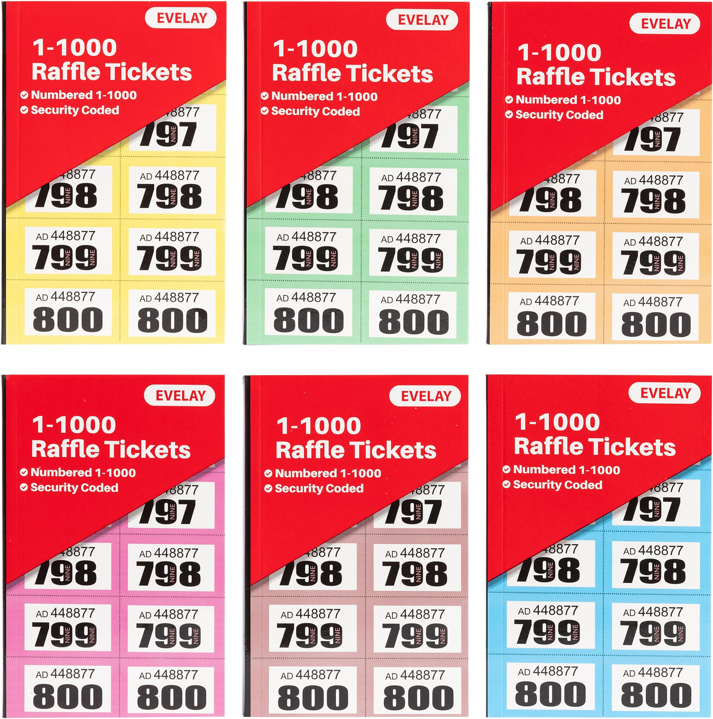 Raffle Ticket | 6 Books of 1-1000 | Easy to tear | Perforated - Mixed Colours - Cloakroom Raffle Tombola Draw Tickets Numbered