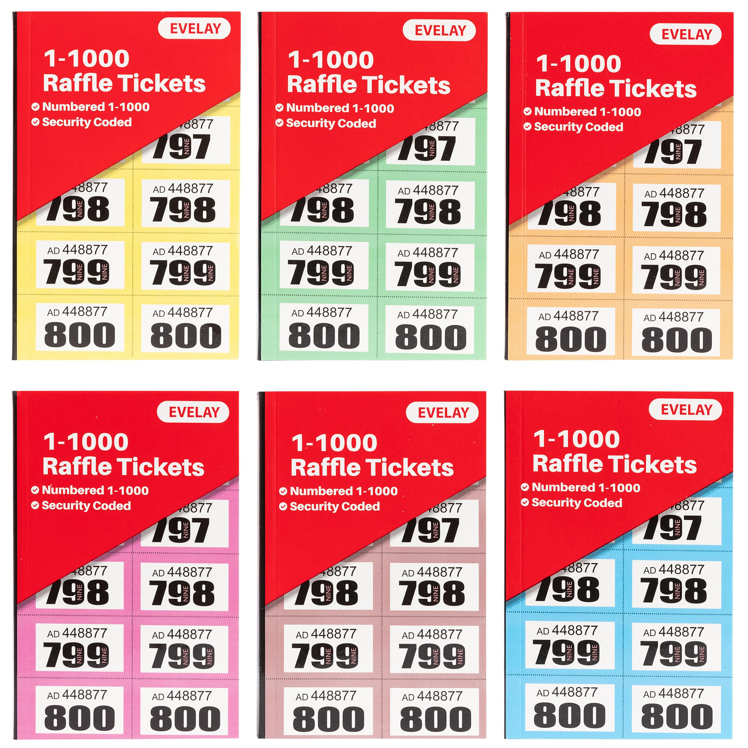 Raffle Ticket | 6 Books of 1-1000 | Easy to tear | Perforated - Mixed Colours - Cloakroom Raffle Tombola Draw Tickets Numbered