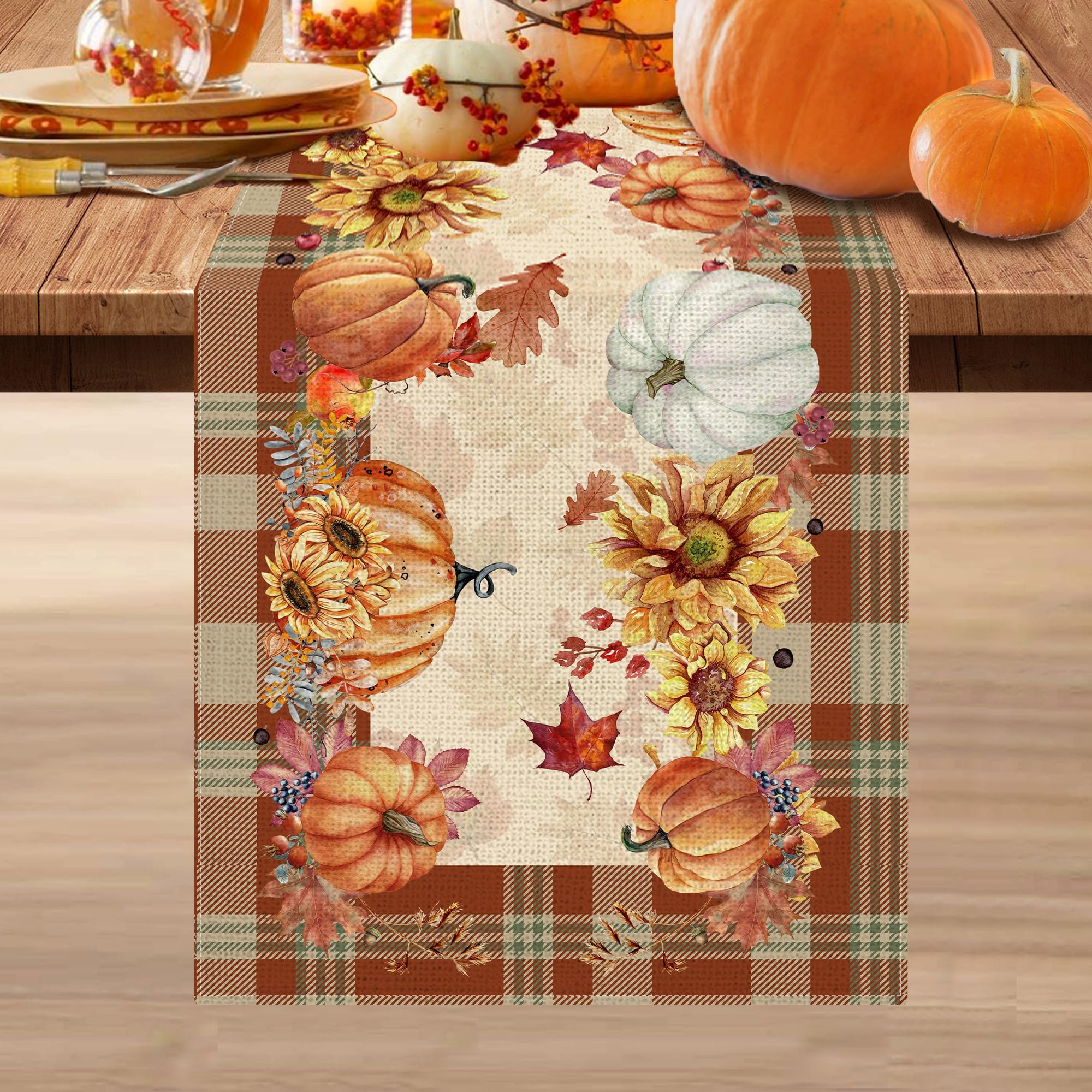 Camino de mesa de otoño de 72 pulgadas de largo x 13 pulgadas de arpillera de lino para decoración del hogar, cocina, calabaza, girasol, hojas, búfalo, cuadros, café, comedor, rústico, granja, rojo,