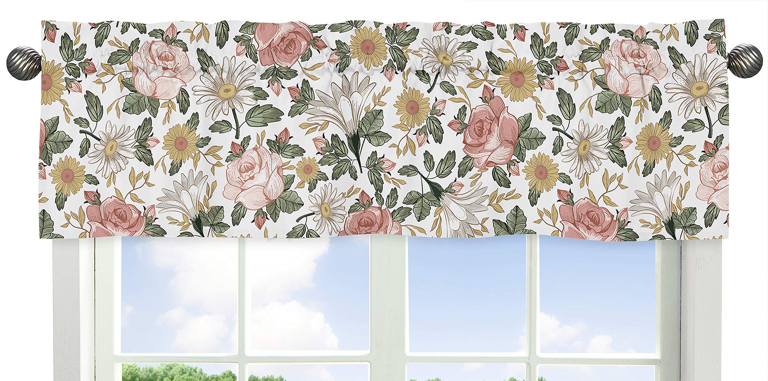 Sweet Jojo Designs Vintage Floral Boho Window Treatment Valance - Blush Pink, Yellow, Green and White Shabby Chic Rose Flower Farmhouse