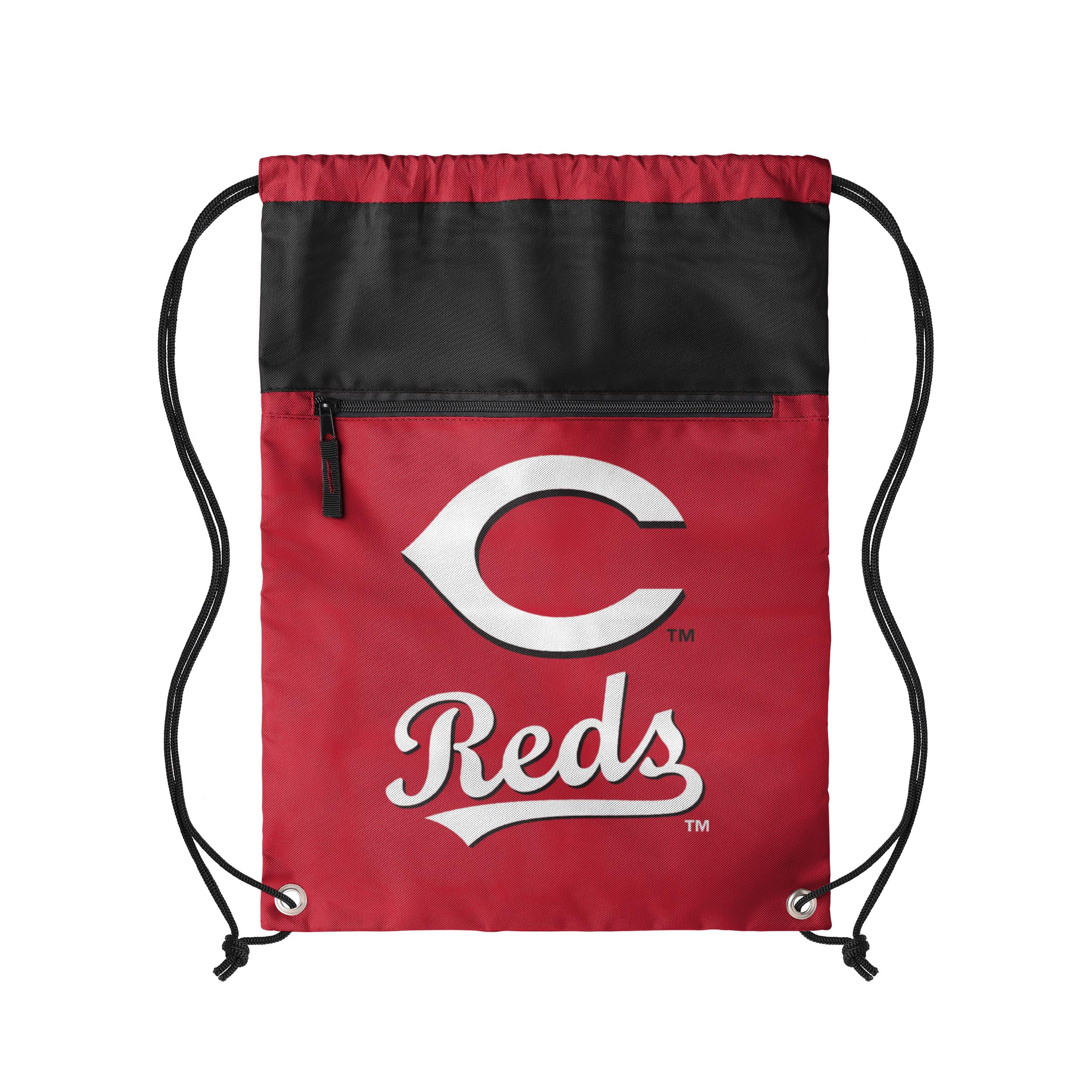 FOCO MLB Officially Licensed Unisex Team Color Baseball Primary Logo Wordmark Drawstring Backpack With Zippered Pocket, Cincinnati Reds, One Size, Daypack Backpacks