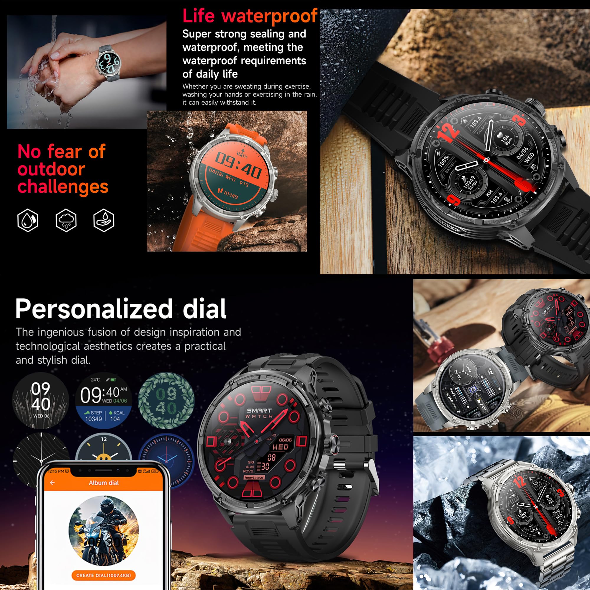 Montre connectée pour homme avec fonction téléphone, lampe de poche, 1,85" AMOLED 5ATM, tracker d'activité, 123 modes sportifs, moniteur de pression artérielle, moniteur de sommeil, podomètre