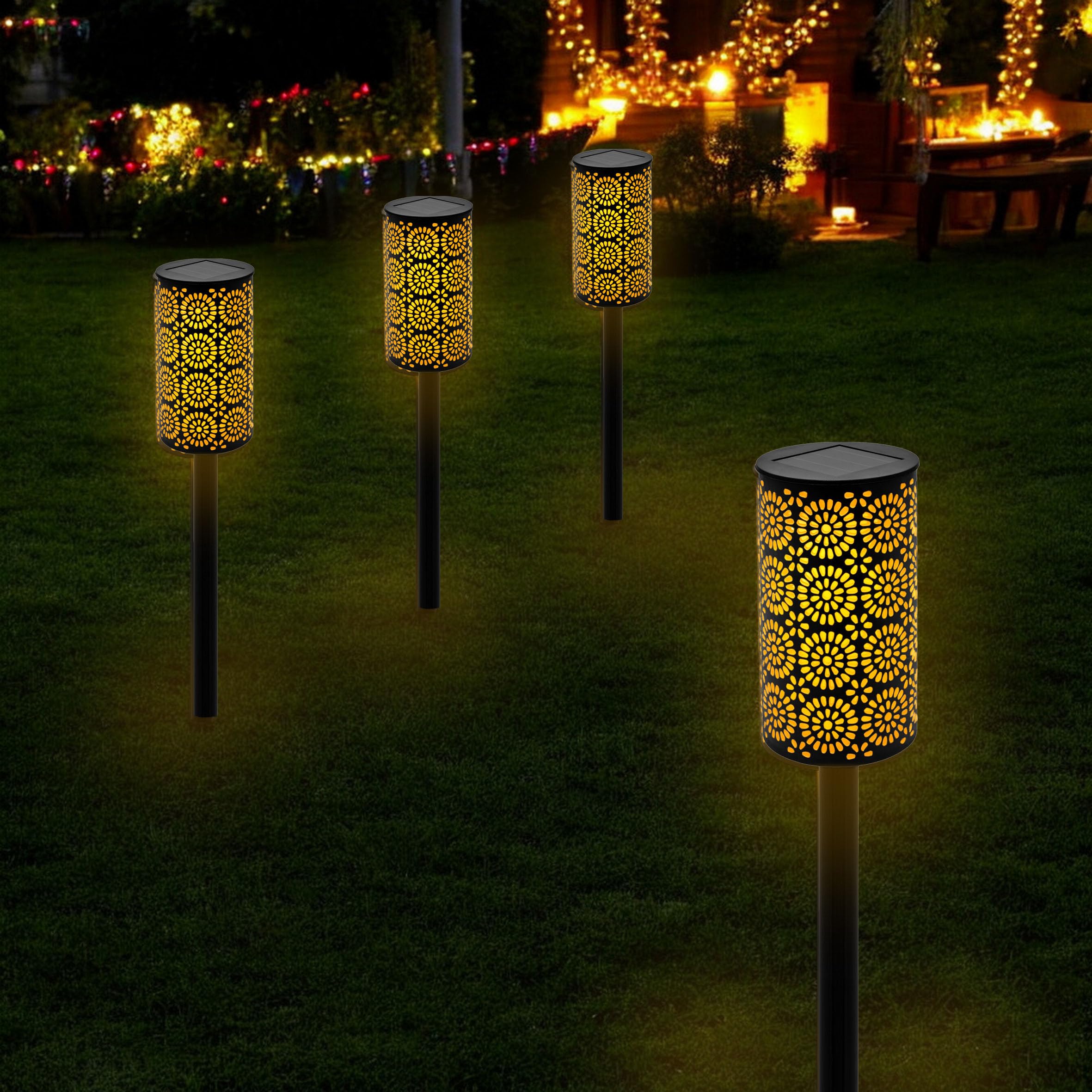 LED Solar Gartenfackel mit Blumen Muster 49 x 7 cm - 12er Set - Wegeleuchte mit realistischem Flammeneffekt - Solarleuchte Gartenlicht Außenleuchte Deko Beleuchtung solarbetrieben für Außen Terrasse