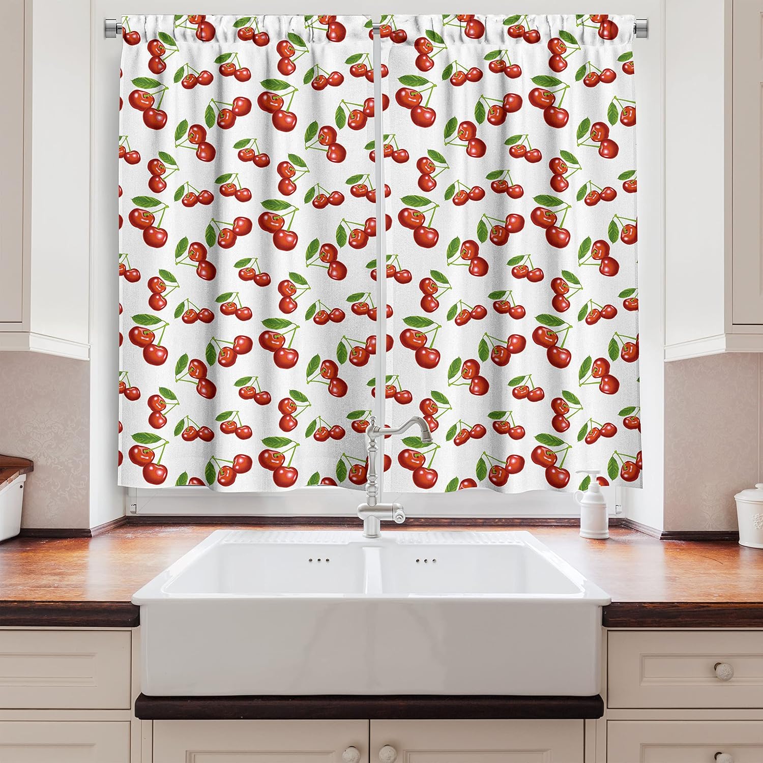 Cherry Pattern Light-Filtering White Polyester Kitchen Curtains