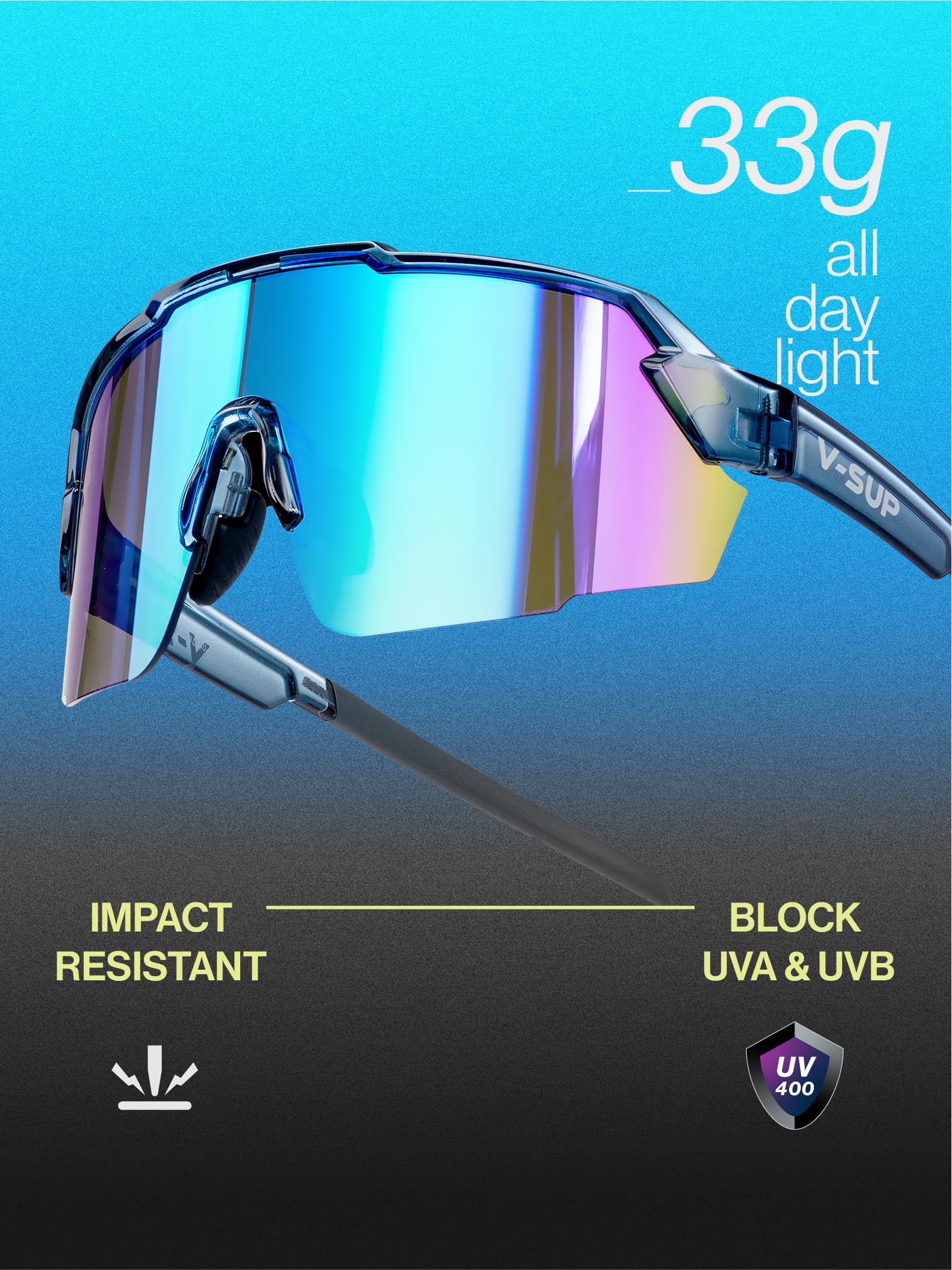 V-SUP TR90 Occhiali da sole da ciclismo con protezione UV400, occhiali sportivi ultraleggeri regolabili con custodia per corsa e uso all'aperto