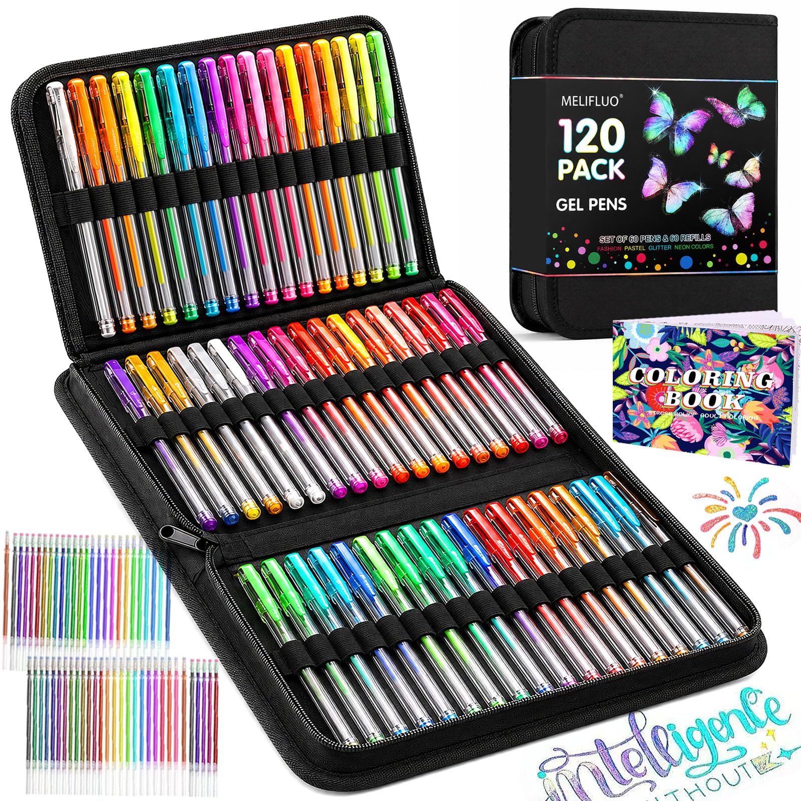 Melifluo Penne Gel Colorate Glitterate, Set da 120 Pezzi | 60 Penne Colorate + 60 Ricariche in Custodia con Cerniera e Libro da Colorare per Adulti, Disegno, Scrittura, Artigianato