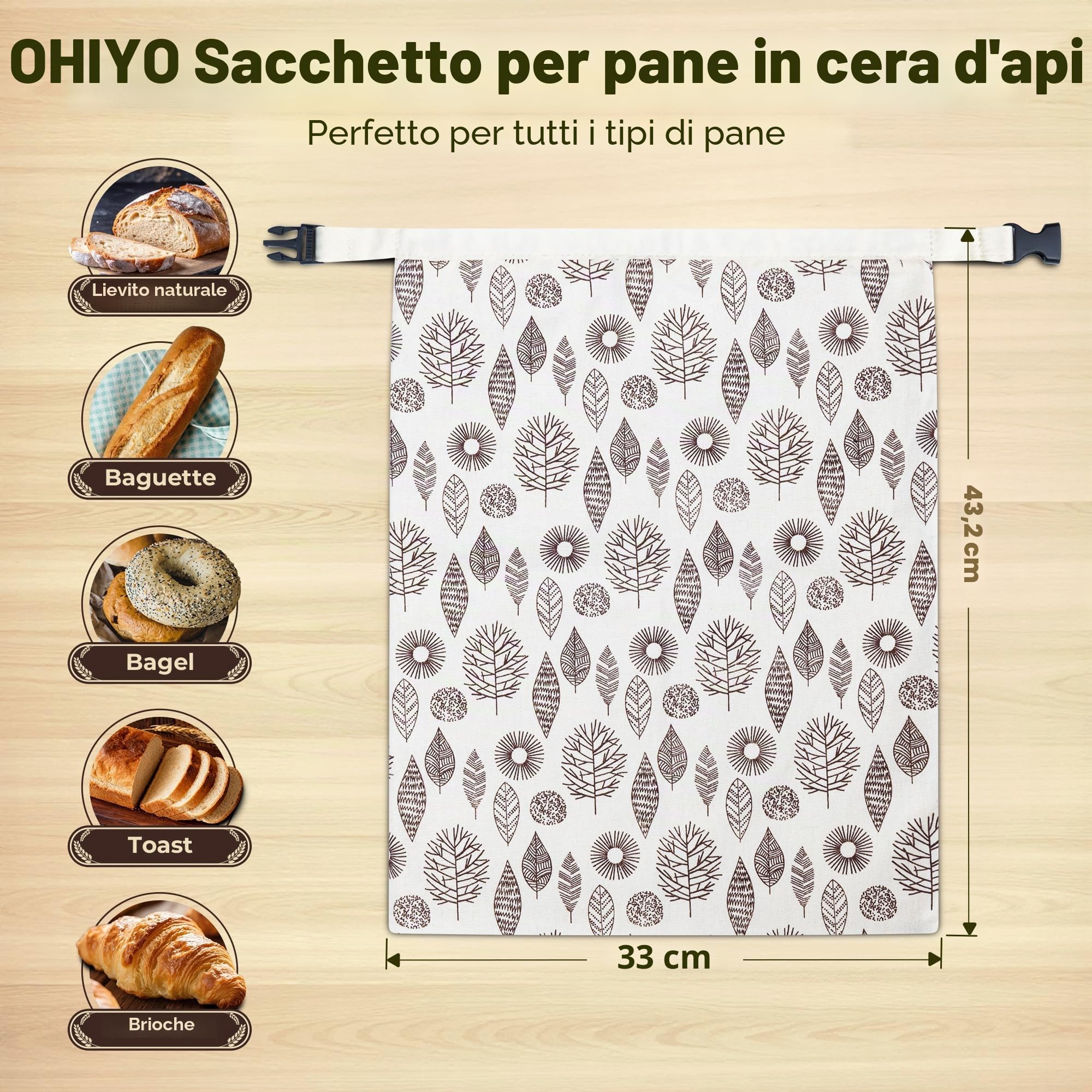 OHIYO Sacchetti riutilizzabili in cera d'api per congelatore e frigorifero, sacchetti di cotone rivestiti in cera d'api naturale per conservare gli alimenti freschi e fragranti (confezione da 2)