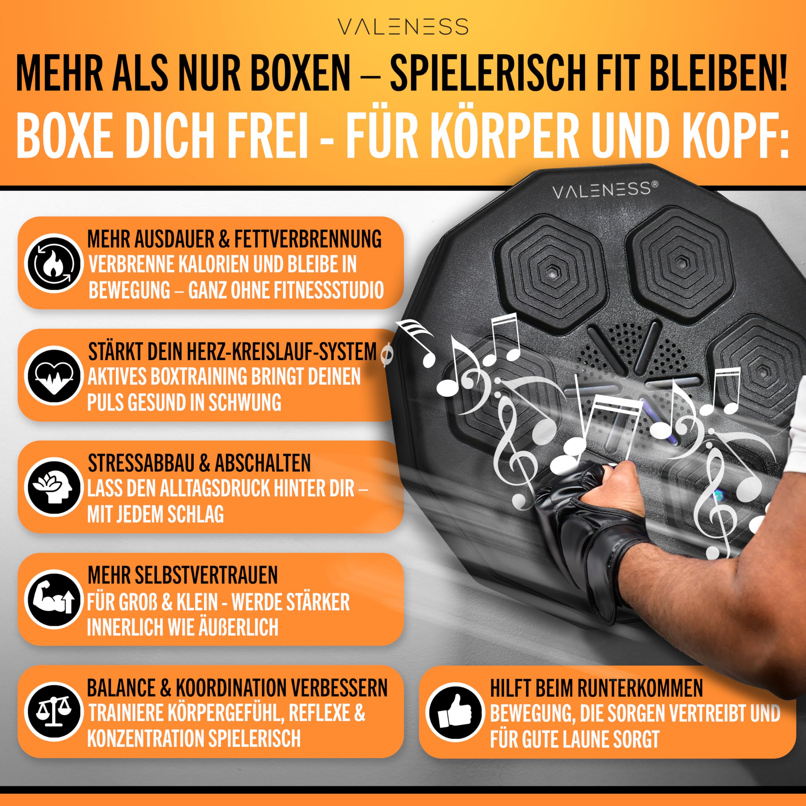 VALENESS® Musik Box Maschine – Smarte Boxing Machine mit Musik & LED – Boxmaschine mit Bluetooth, Zählfunktion & Boxhandschuhen – Wandgerät für Erwachsene & Kinder – Musik Power Boxing