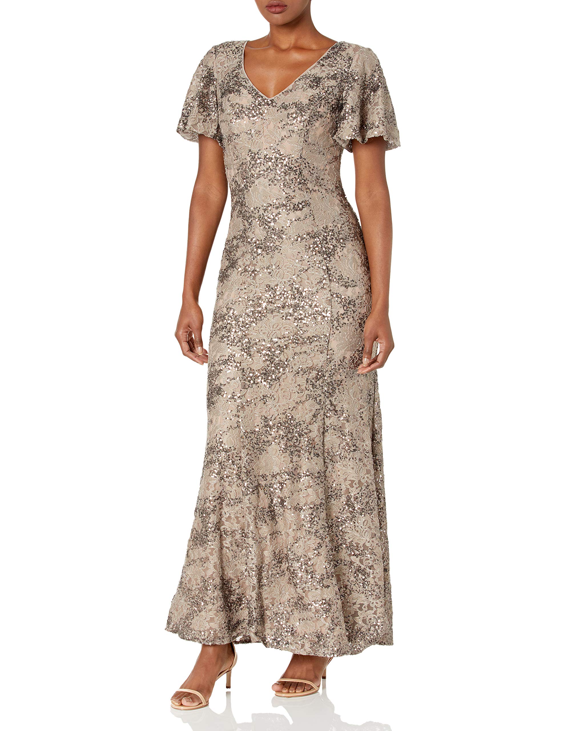 Alex Evenings Womens Long Length A-line Sequin Lace V-Neck Mother of The Bride Dress, Formal Event Gown with Short Sleeves: 12 Petite Taupe