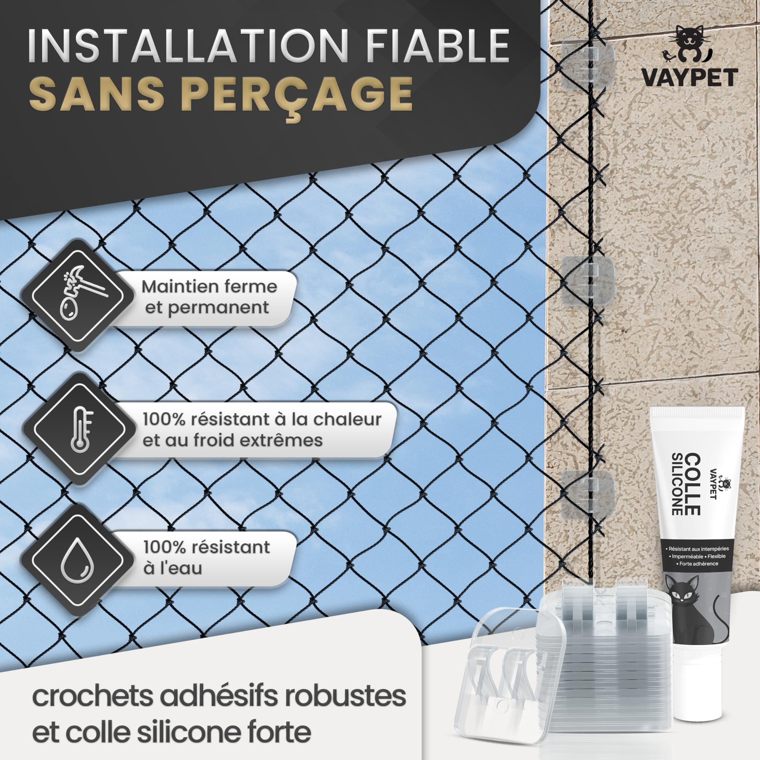 VAYPET® 100 Crochets Filet Chat & Colle Silicone [60ml] - Fixation & Attache Filet Chat Balcon sans Perçage | Crochet Adhésif Extérieur Transparent | Idéal sur Béton, Crépi & pour Fenêtre