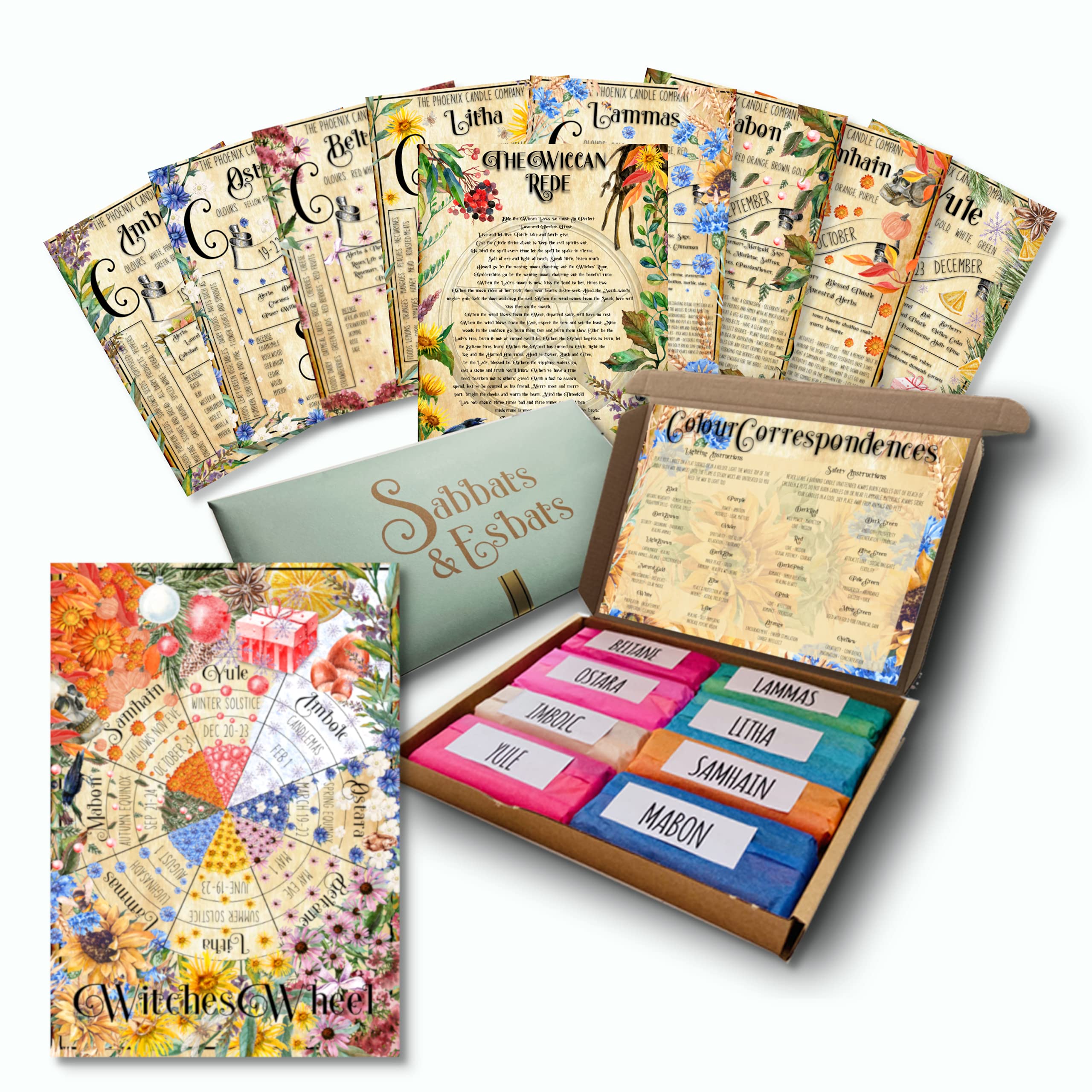 Phoenix Candle CompanyUltimate Sabbat Beeswax Altar Candles Set with Holiday Guides and Wheel of The Year - 20 Count - Hand-Rolled