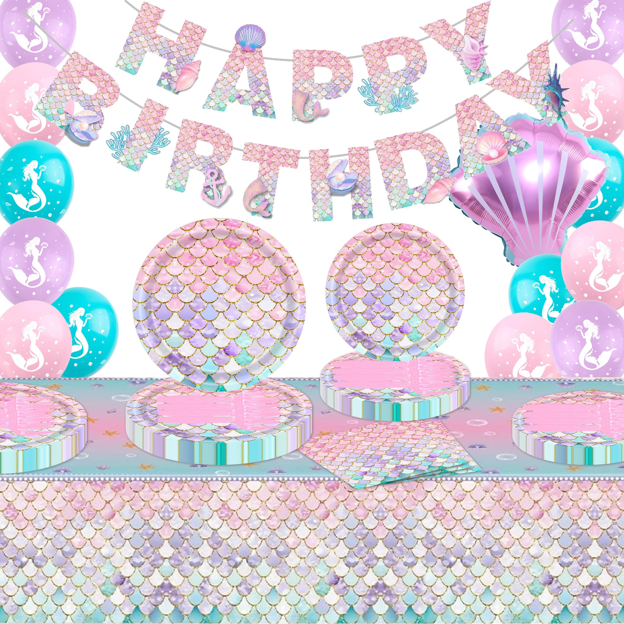 Photo 1 of Mermaid Birthday Party Decorations - 92 Piece Mermaid Tableware Set with Mermaid Plates, Napkins, Tablecloths, Birthday Banner, Seashell Balloons - Mermaid Themed Party Supplies for Girls, Serves 16 Pink Mermaid Party