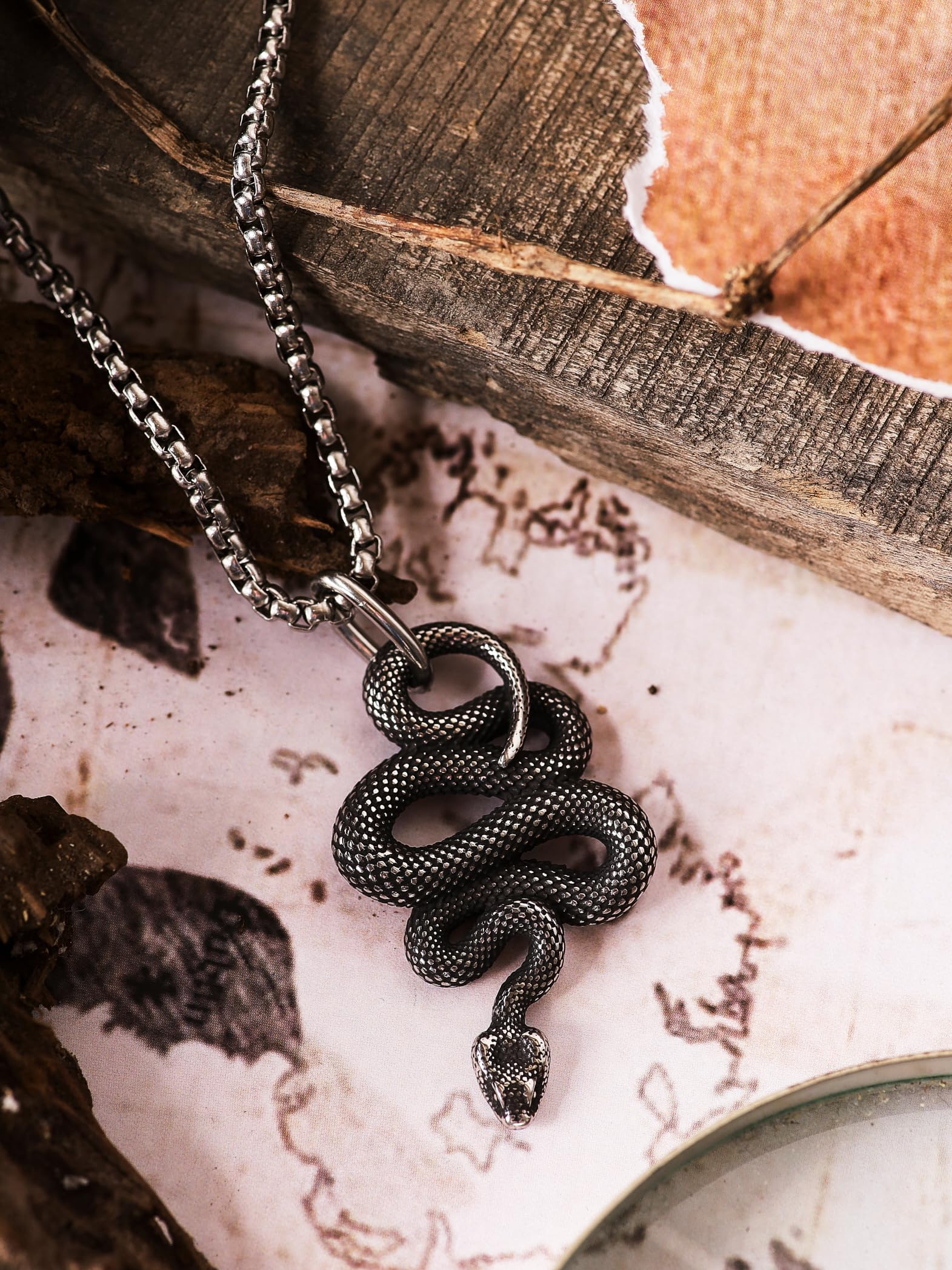 Gothic Jewelry Men's Stainless Steel Animal Snake Pendant Chain Necklace, Silver