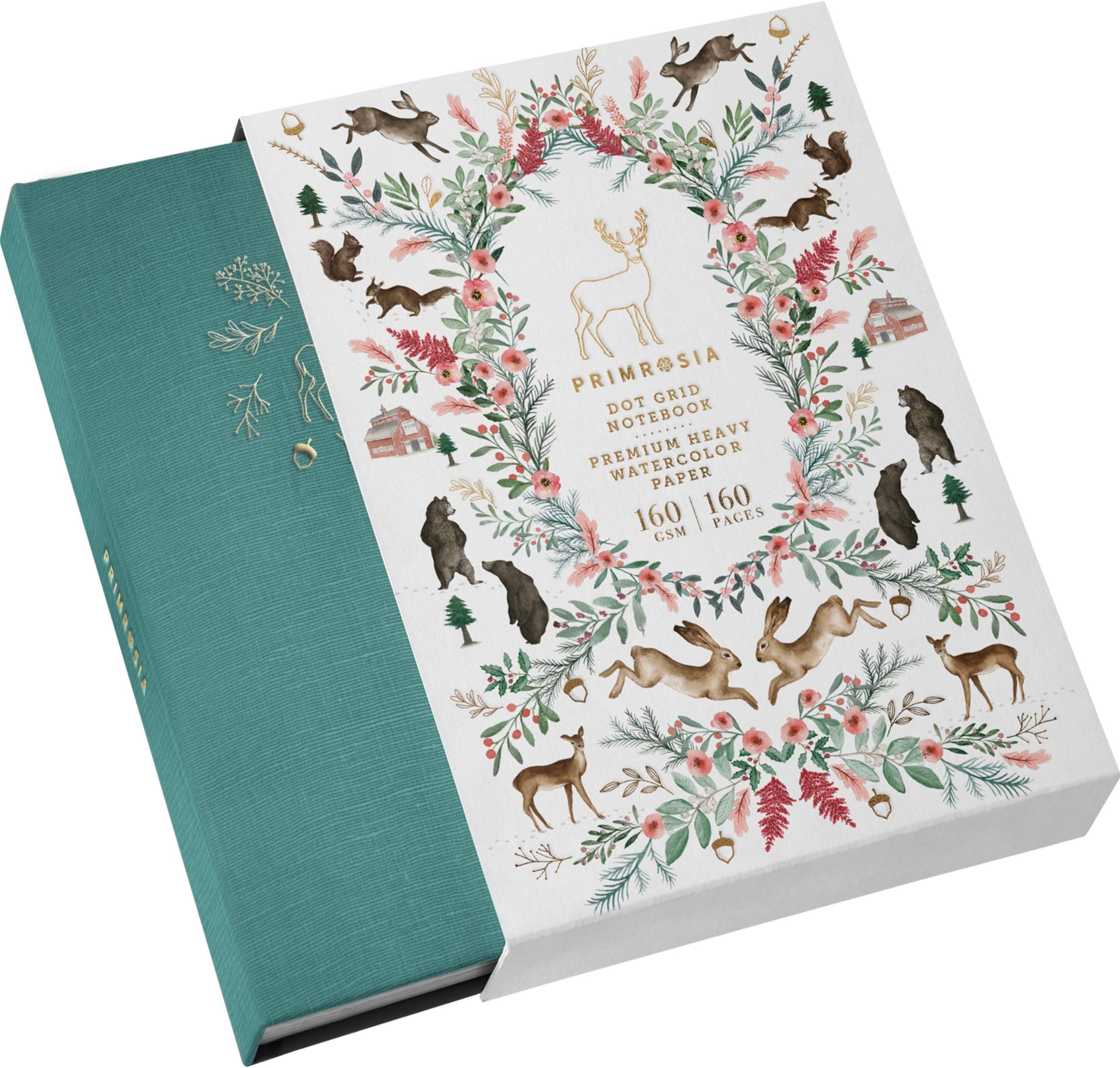 Primrosia A5 Dot Grid Watercolor Journal Notebook – 160 pages I 160gsm Premium Heavy Paper, No Bleed – Luxe Linen Hard Cover with Cute Deer Slip Cover (Woodlands Teal)