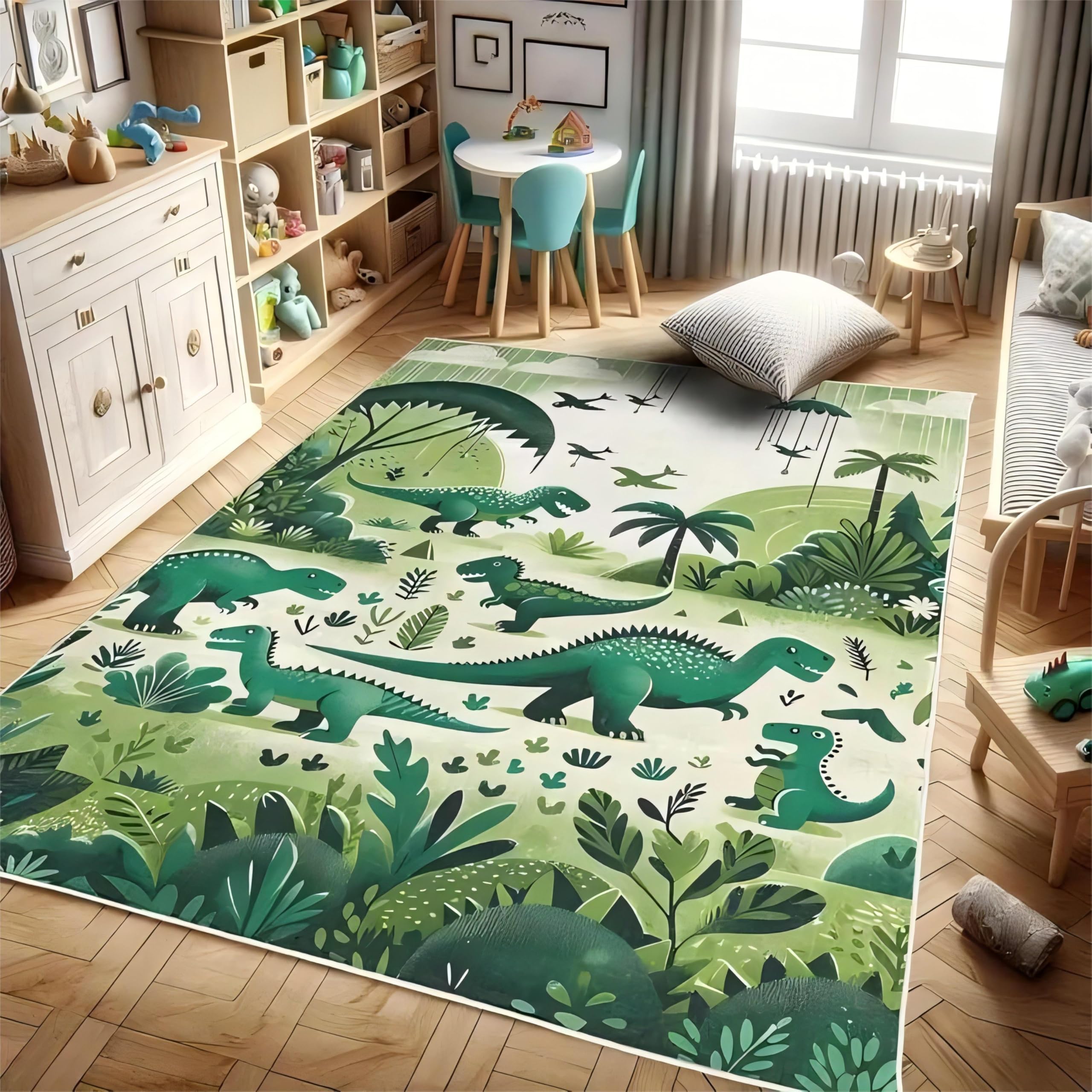 SOJAWA Dinosaur Area Rug, 180x300cm Soft Non-Slip Green Plant Dinosaur Park Rugs, Boys Girls Interior Decoration Washable Rug, for Bedroom Kindergarten Bedside Sofa Classroom Floor Carpet