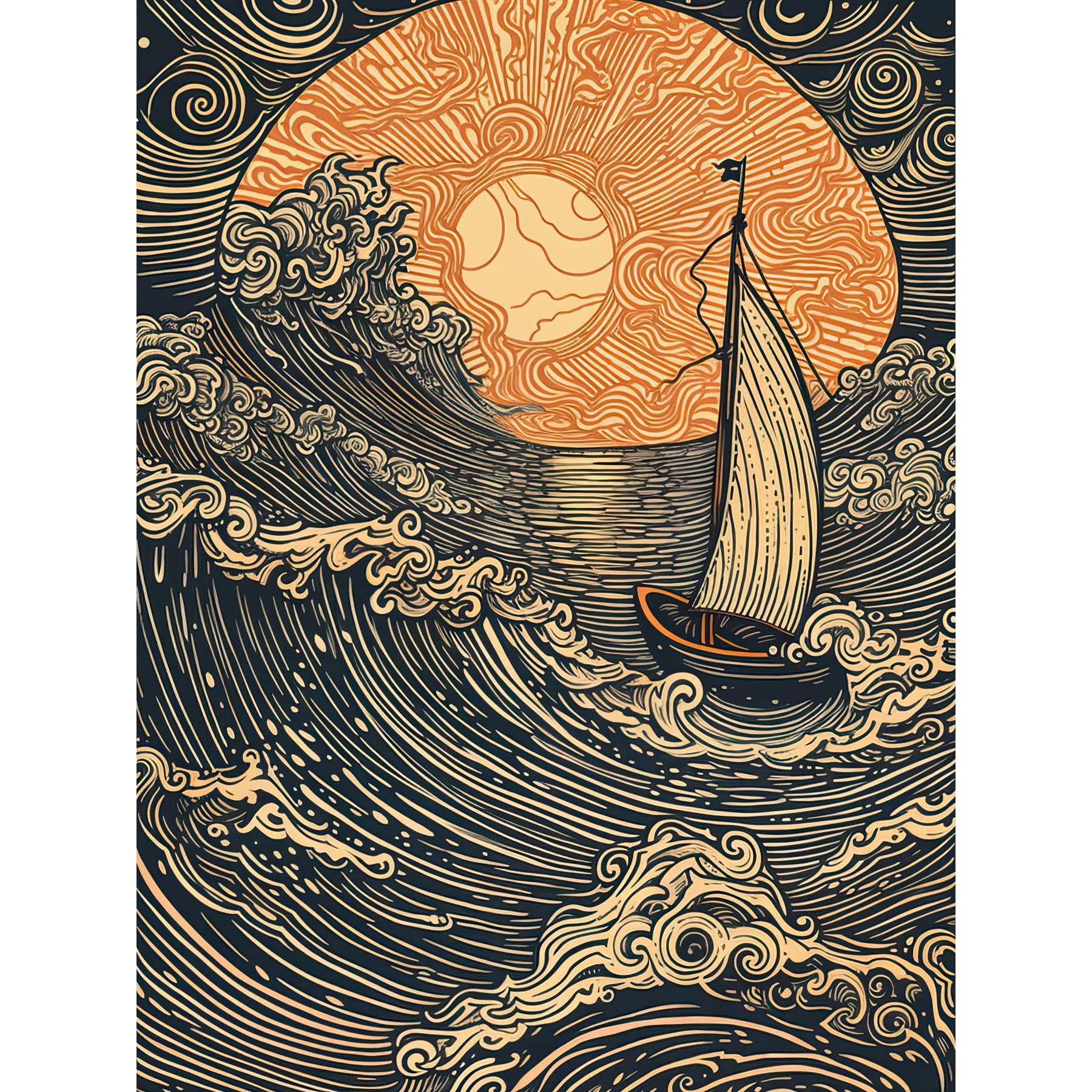 Artery8 Boat Sailing into the Sunset Linocut Illustration Large Wall Art Poster Print Thick Paper 18X24 Inch