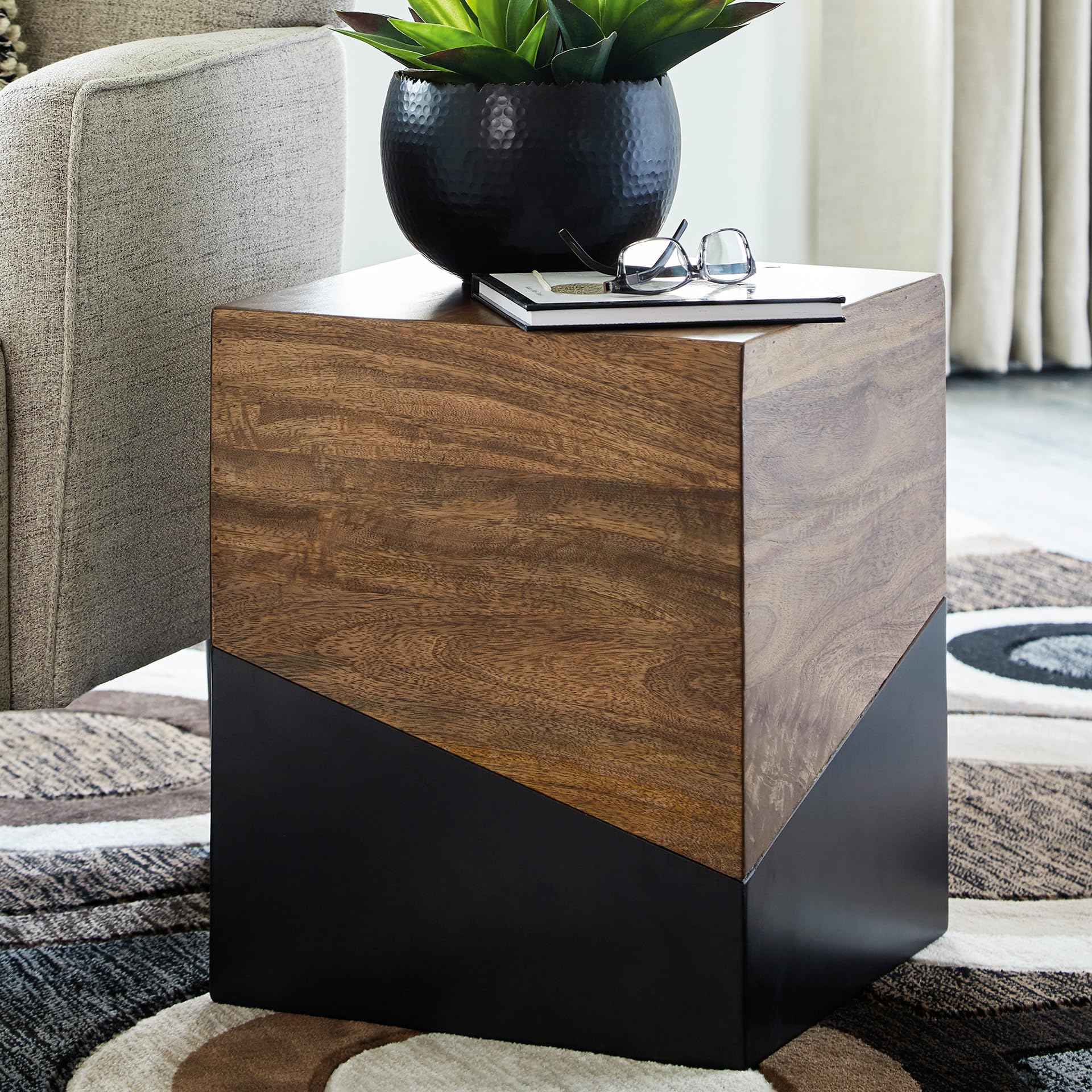Signature Design by Ashley Accent End Table, Trailbend, Brown/Gunmetal | Solid wood and engineered wood, No assembly required, 15-inch square footprint, Modern two-tone finish, Living room use