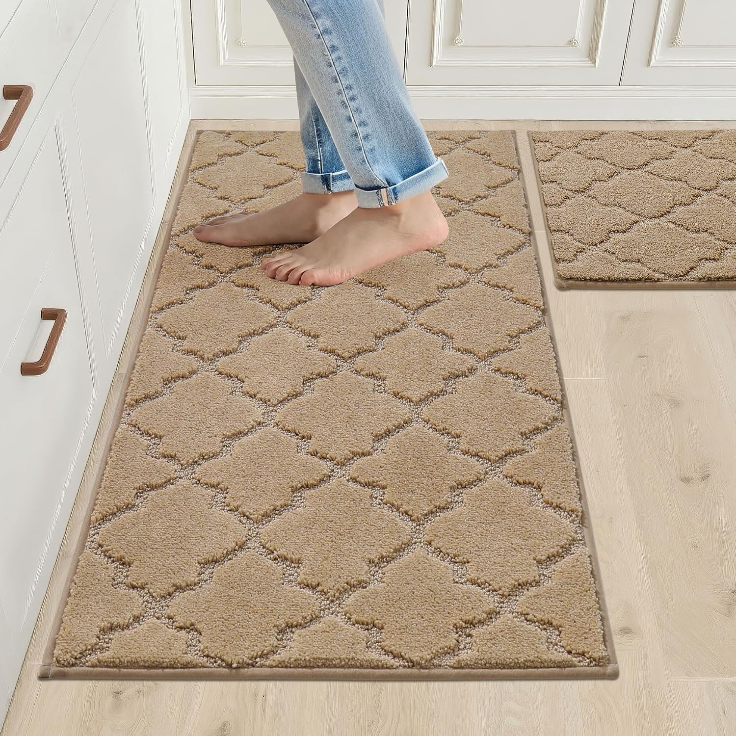 COSY HOMEER Kitchen Rug Pack of 2 Washable Non-Slip Kitchen Runner Carpet Runner Hallway Rug Runner for Kitchen Hallway Living Room 50 x 75 cm + 50 x 120 cm beige