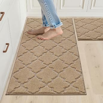 Cosy Homer Kitchen Rug Set of 2 50 x 75 cm + 50 x 120 cm Beige Non slip and washable absorbent polyester fabric soft underfoot kitchen and hallway