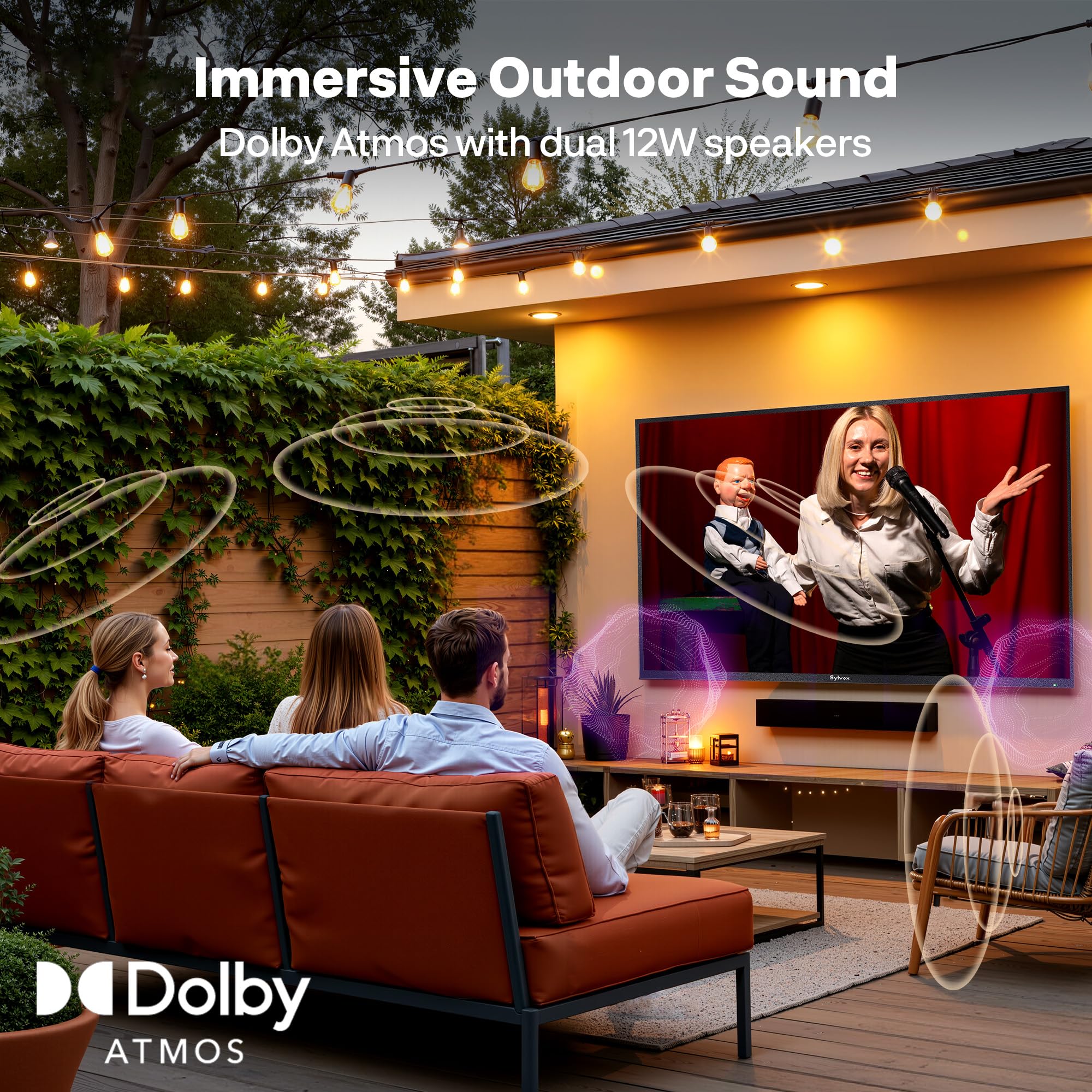 SYLVOX TV Exterior de 75", 120 Hz 4K Ultra HD, IP55 Waterproof, Outdoor Google TV, Dolby Atmos, WiFi 5G y HDMI 2.1, DVB-C/T2/S2, HEVC, Televisor Smart de 1000 nits Ideal para Gaming (Modelo 2025)