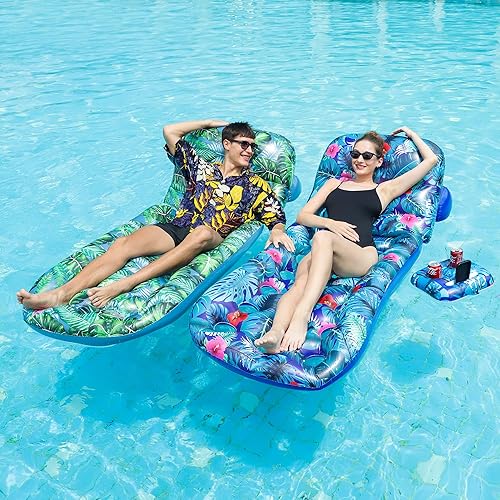 Miniatura 3 de FindUWill Flotadores de piscina para adultos, paquete de 2 flotadores de piscina, flotadores inflables de piscina con soporte para tazas, respaldo,