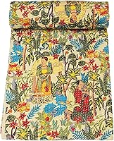 Vista 1 de Marubhumi Colcha de algodón puro Kantha con diseño tradicional indio de Farida (beige, individual (60 x 90 pulgadas)
