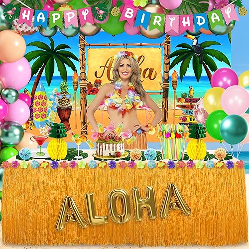 Vista 13 de Luau - Decoraciones para fiesta de cumpleaños, 321 piezas, suministros de fiesta hawaiana tropical Aloha para verano, playa, vacaciones, juego