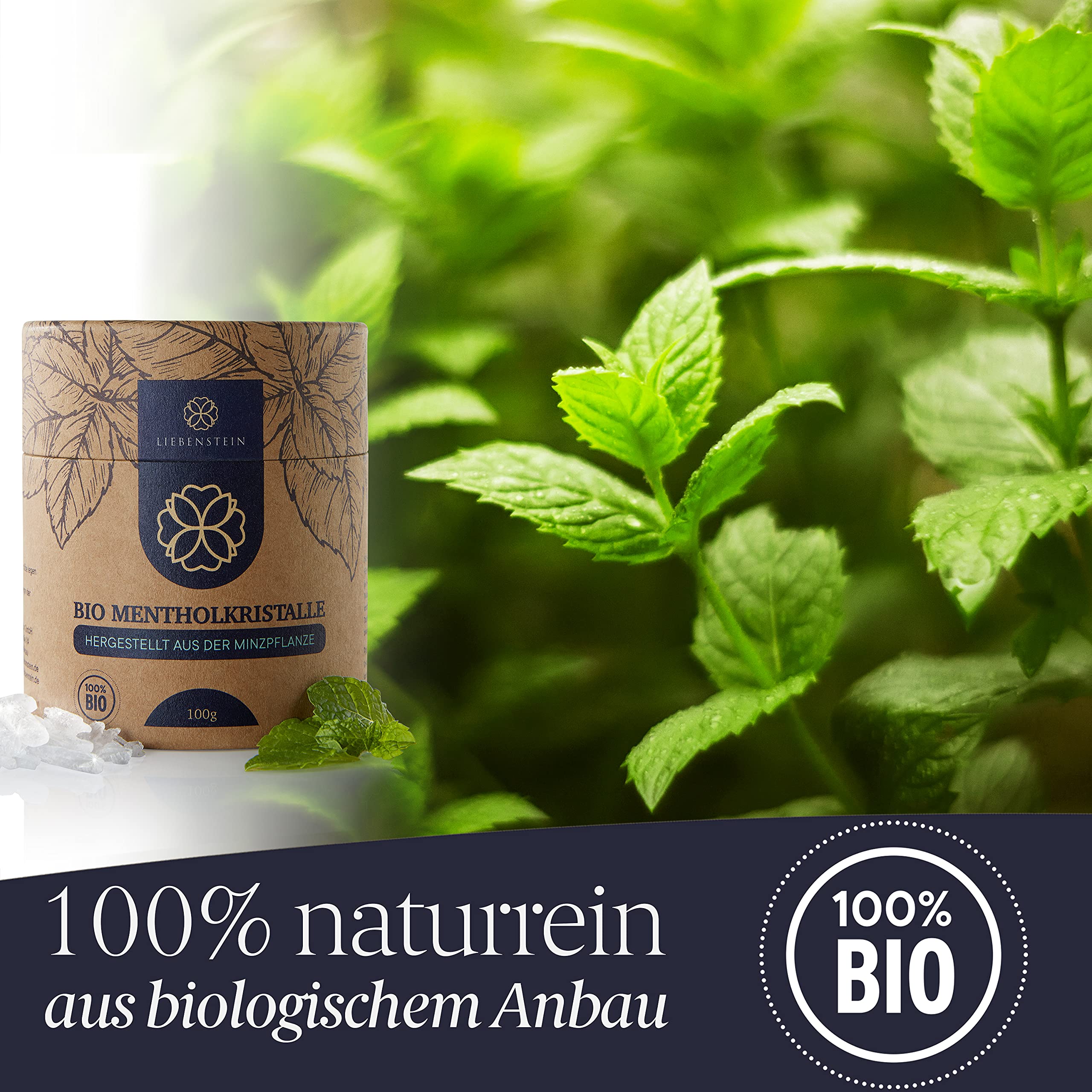 BIO Mentholkristalle Sauna Liebenstein® [100g] – nachhaltige Verpackung und Dosierlöffel aus Holz – Premium Bio Qualität aus 100% reiner Minze – langanhaltendes, erfrischendes und wohltuendes Aroma