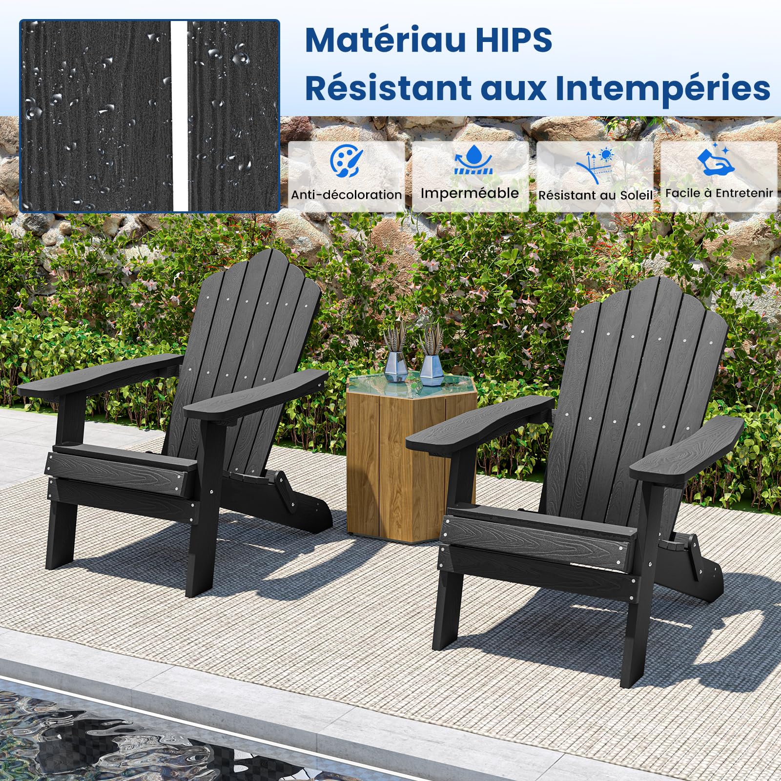 COSTWAY Fauteuil Jardin Exterieur, Chaise Adirondack Pliable, Accoudoirs Large et Dossier Incliné, Vis en Acier Inoxydable, Chaise Longue HIPS pour Jardin Cour, 88 x 77 x 95 cm, Charge 180 kg (Noir)