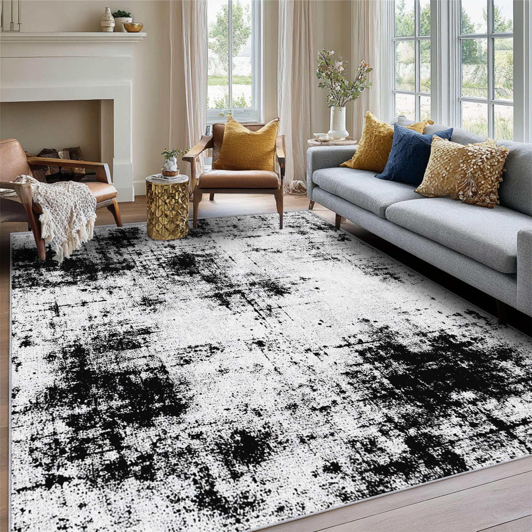 Abstract Rug for Living Room, Square Rugs 120 X 120 cm, Black and White Industrial Style Rugs Non Slip Low Pile Washable for Bedroom Kitchen, Abstract Decor Area Rug