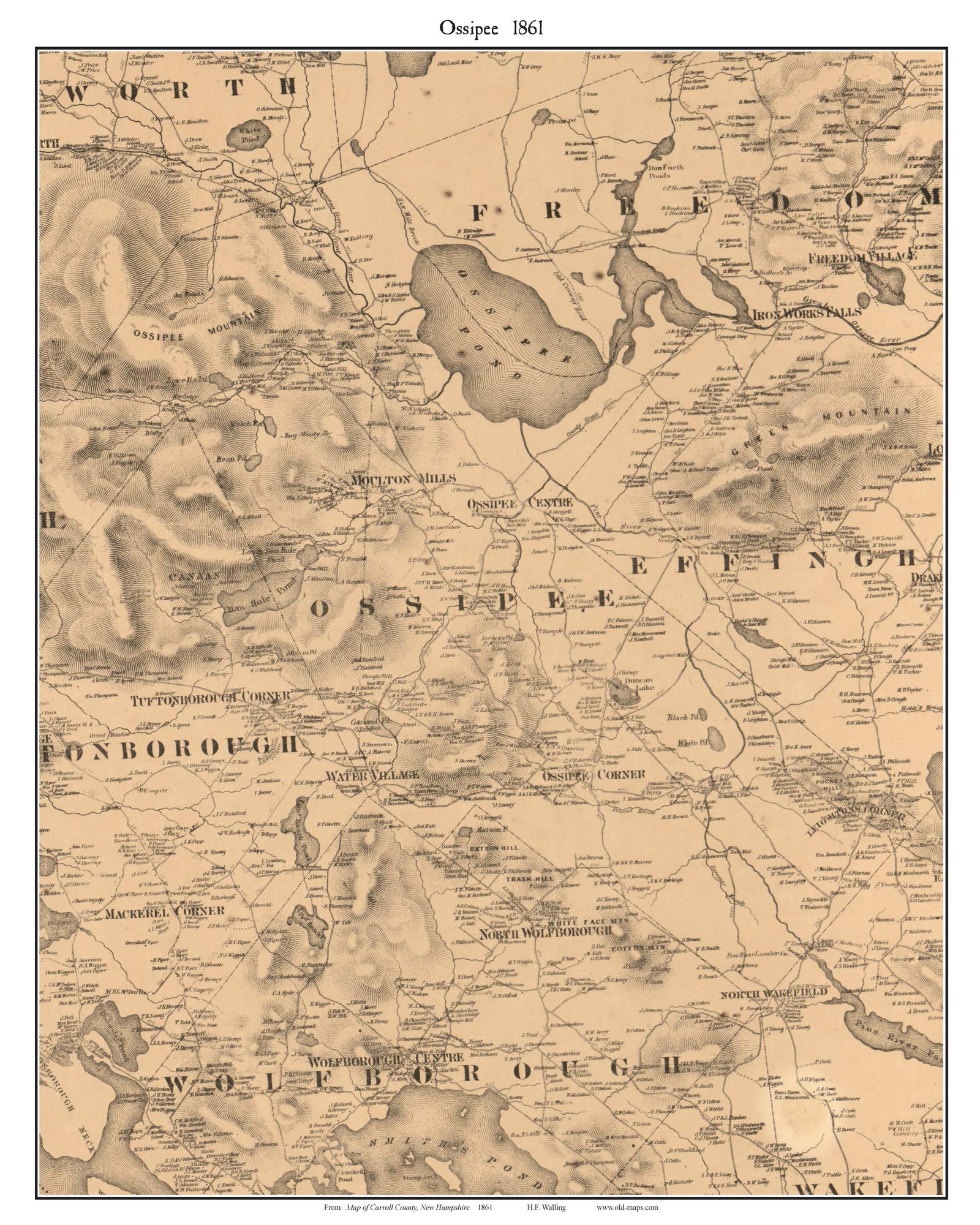 Ossipee 1861 Old Town Map with Homeowner Names New Hampshire Ossipee Lake - Reprint Carroll Co. NH TM