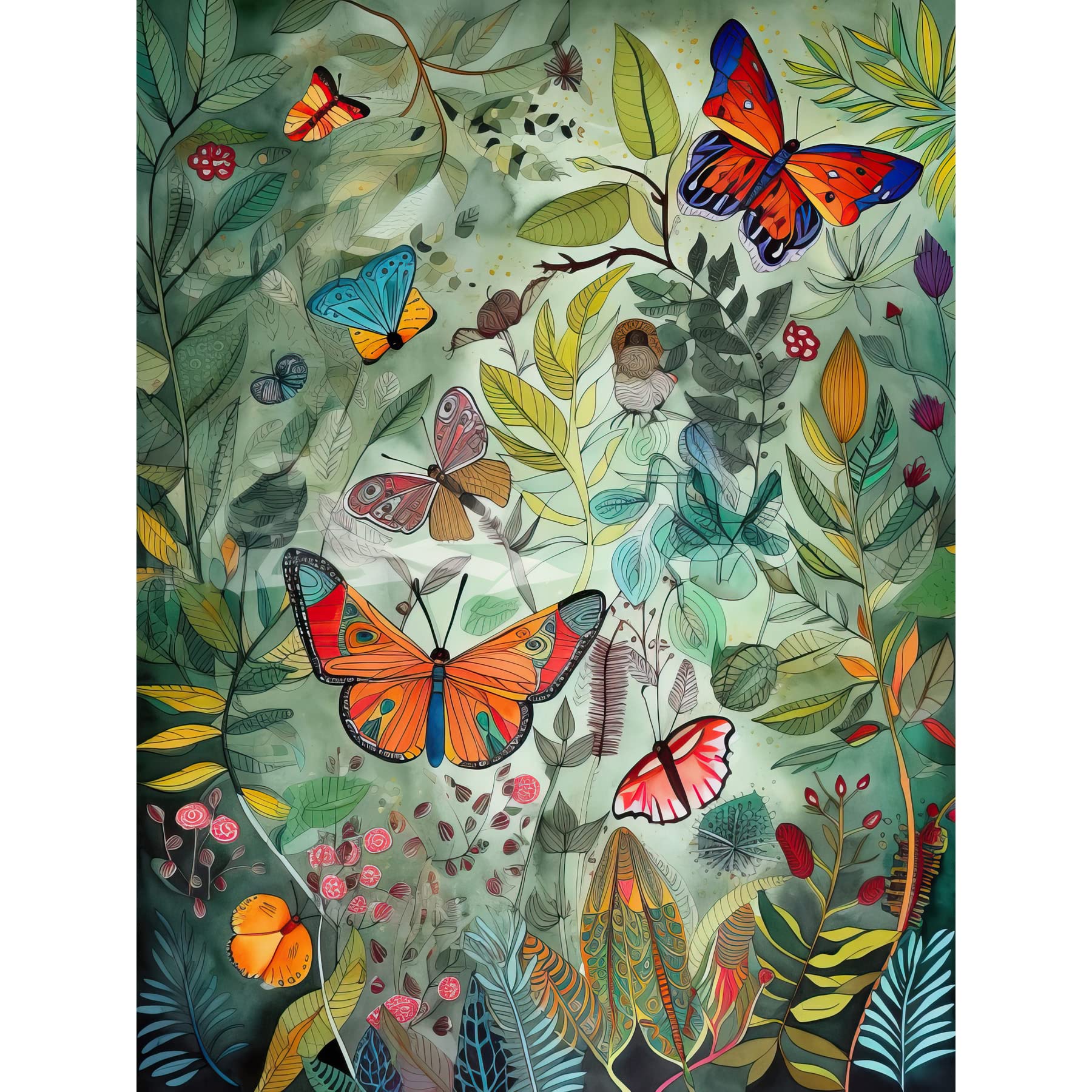 Artery8 Butterflies in a Spring Field Modern Folk Art Large Wall Art Poster Print Thick Paper 18X24 Inch