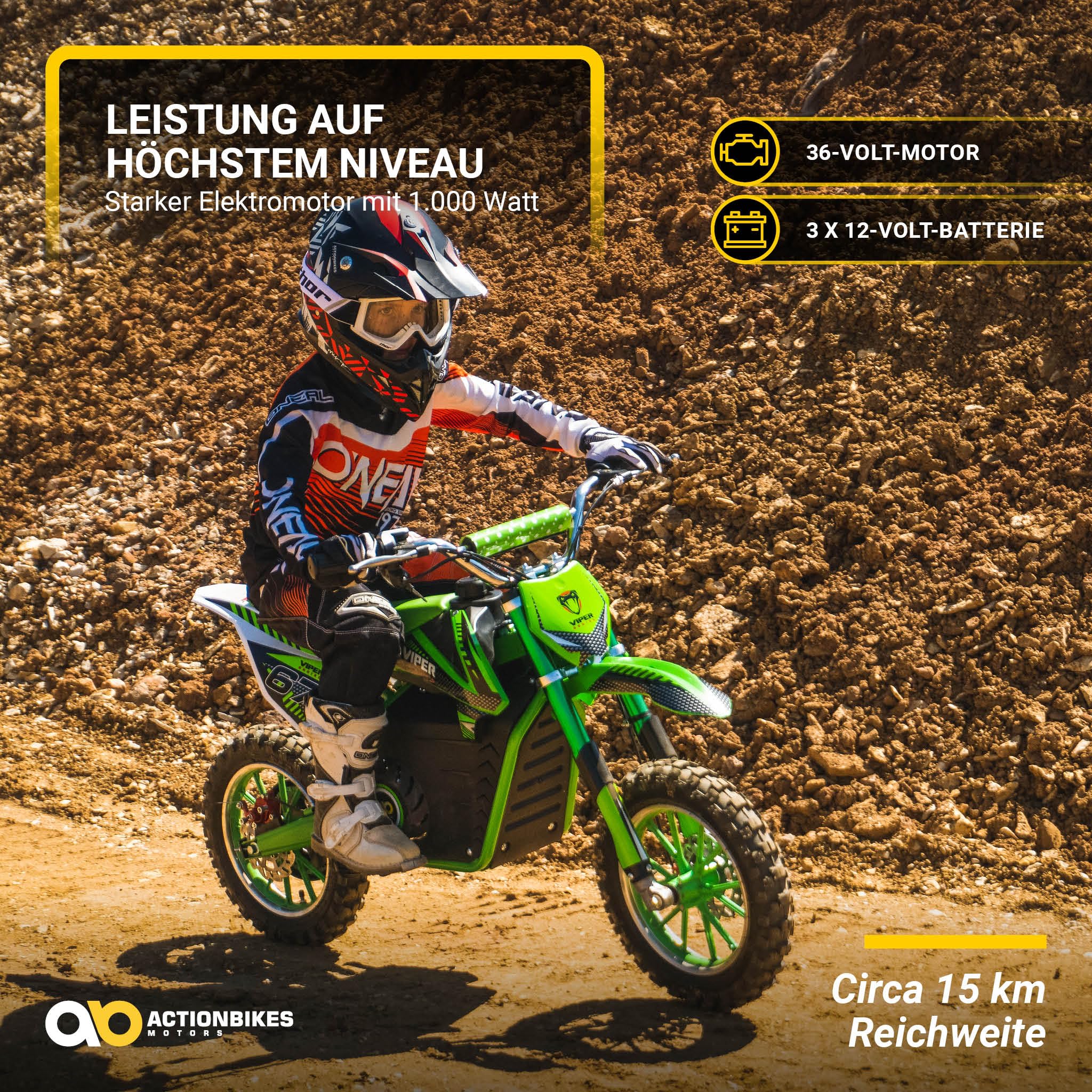 Actionbikes Motors Kinder Elektro Crossbike Viper | 𝟭𝟬𝟬𝟬 Watt Motor bis 𝟐𝟒 km/h - Motorrad - Pocket Bike - Dirt Bike - Pocketbike - Motorsport - Dirtbike - Cross - Enduro ab 8 Jahren (Grün)