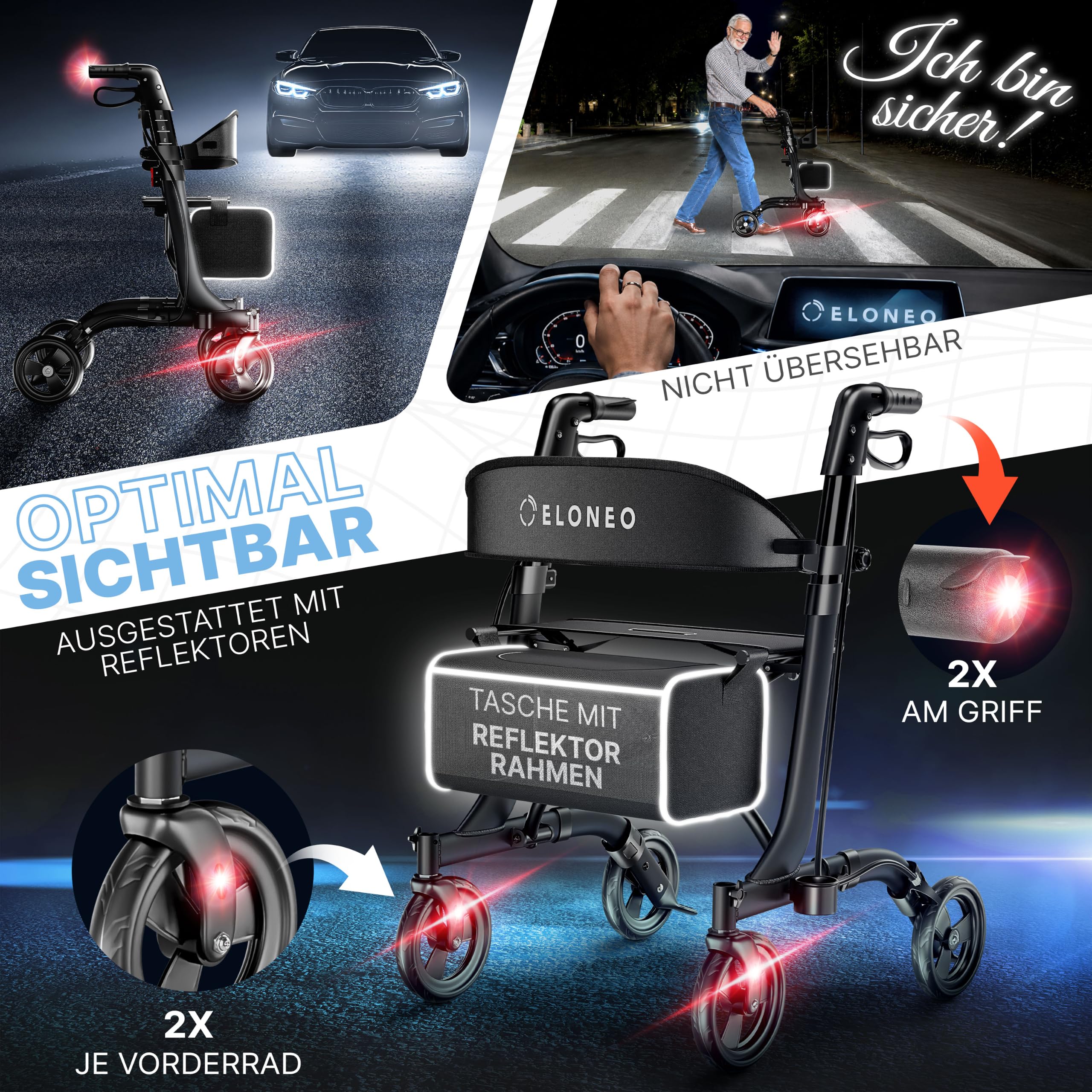 ELONEO Rollator faltbar und leicht mit Sitz - ultraleicht (5,1kg), Leichtgewicht-Reiserollator aus Aluminium, Gehhilfe höhenverstellbar und faltbar, Laufhilfe mit Tasche & Schirmhalter, schwarz