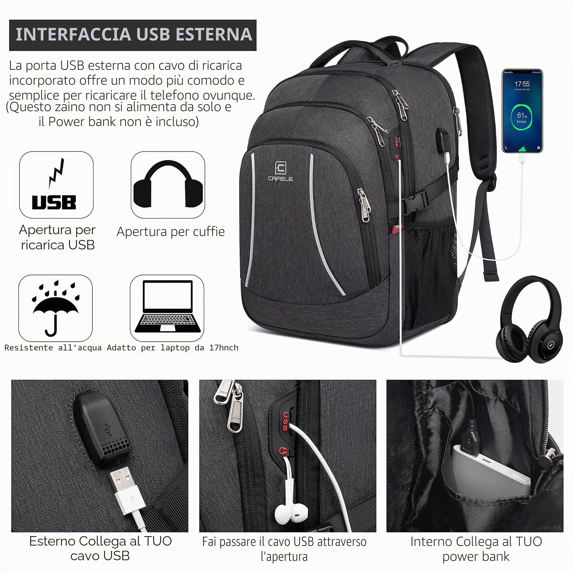 Cafele Zaino antifurto RFID Zaino Scuola per Laptop Zaino per Adolescenti Bookbag Zaino Medio per Computer con Porta di Ricarica USB, Zaini idrorepellenti per Uomo Donna Viaggio di Lavoro