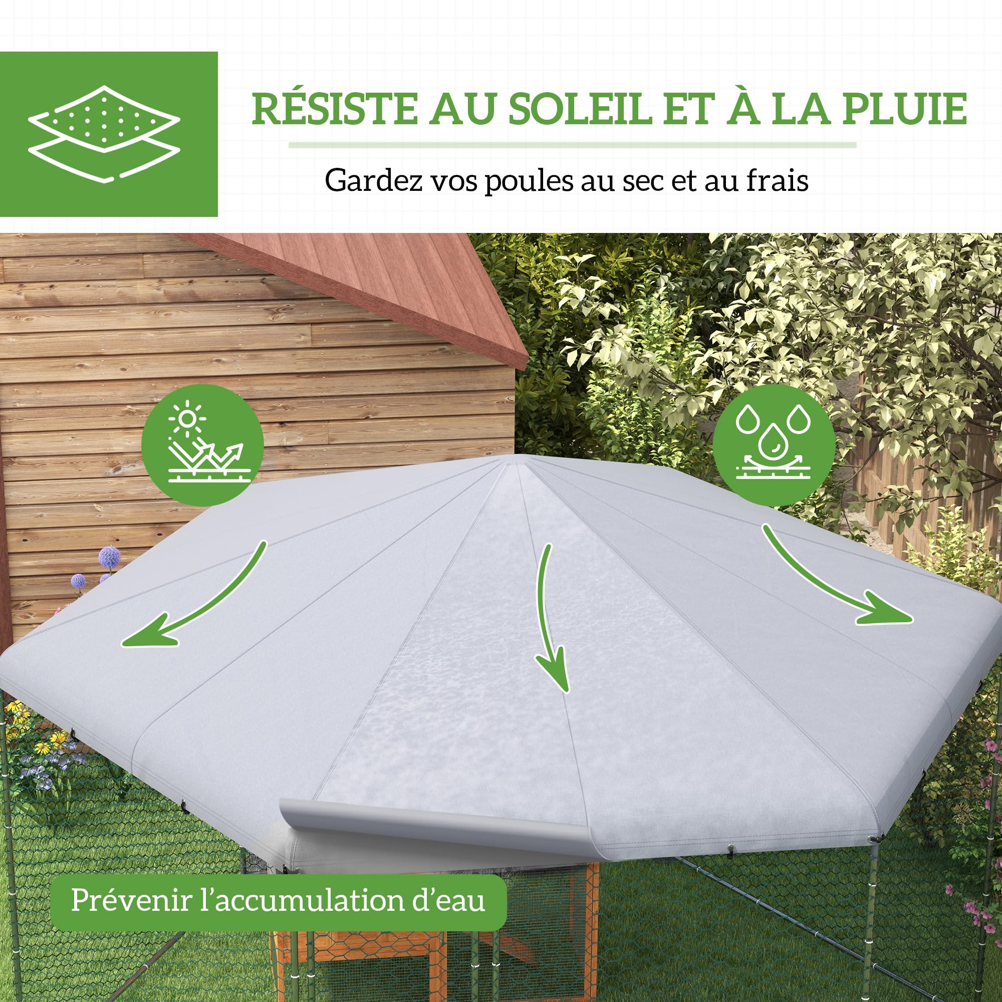 PawHut Enclos Poulailler Hexagonal Extérieur 400 x 346 x 263 cm Argenté | Chenil Volière, 10 m², Parc Grillé, Espace Couvert, Acier Galvanisé, 10-15 Poules