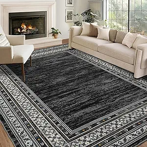 GlowSol Living Room Rug 10x13 Washable Rug Solid Rug Modern Geometric Rugs Large Washable Rugs Black Bordered Carpet Non Slip Decor Carpets for Under Dining Table Bedroom Farmhouse Home Office