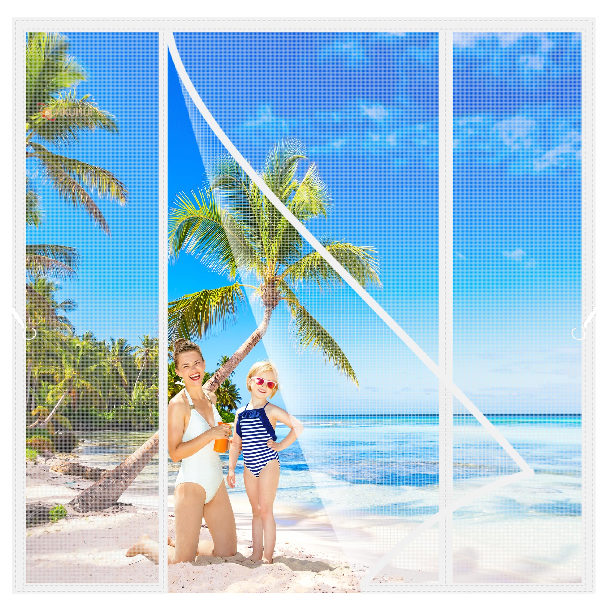 Double Opening Magnetic Screen 240x255cm Double Opening Mesh Net Curtain with Full Frame Magic Tape Self Sealing Without Drilling for Balcony Cellar Bedroom Sliding Doors White