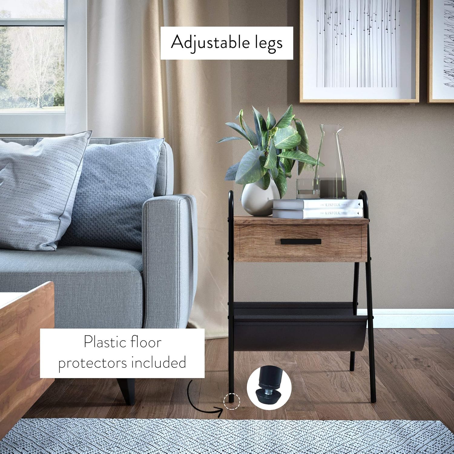 Nathan James Hugo Wood Nightstand, Rustic Accent End or Side Table with Drawer, Durable Black Metal Frame & Leather Hammock, Brown : Home & Kitchen