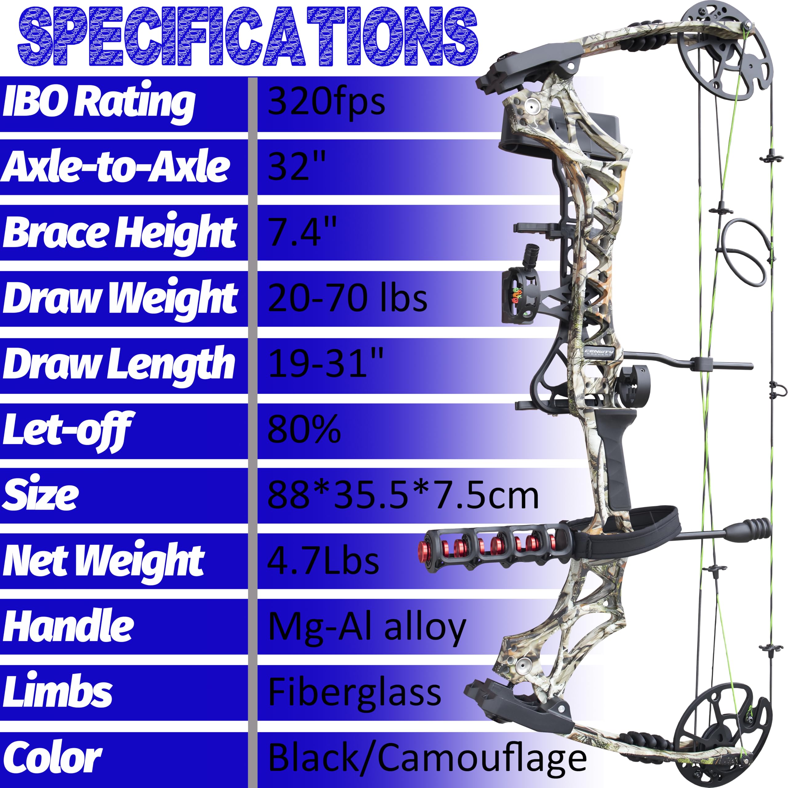 Compoundbogen-Set 20–70 lbs, Auszugslänge 19–31 Zoll, bis zu 320 fps (IBO), Compoundbogen für die Jagd mit sämtlichem Zubehör für die Jagd, das Zielschießen und das Training versandfertig