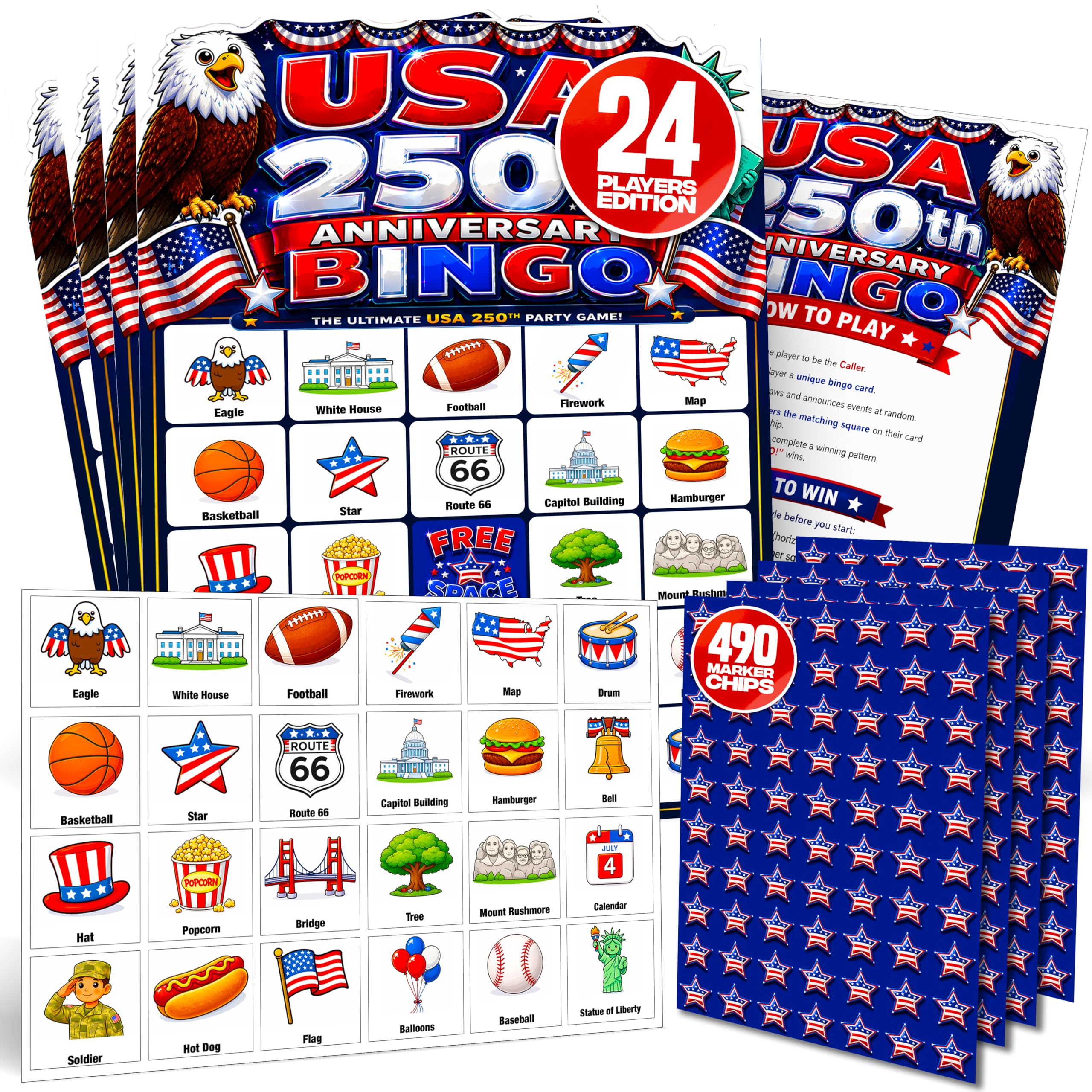 Jester Fiesta USA 250th Anniversary Bingo Game – 24 Unique Patriotic Bingo with Caller Cards & 470 Marker Chips – Independence Day Party for Family, Classroom & July 4th Celebrations