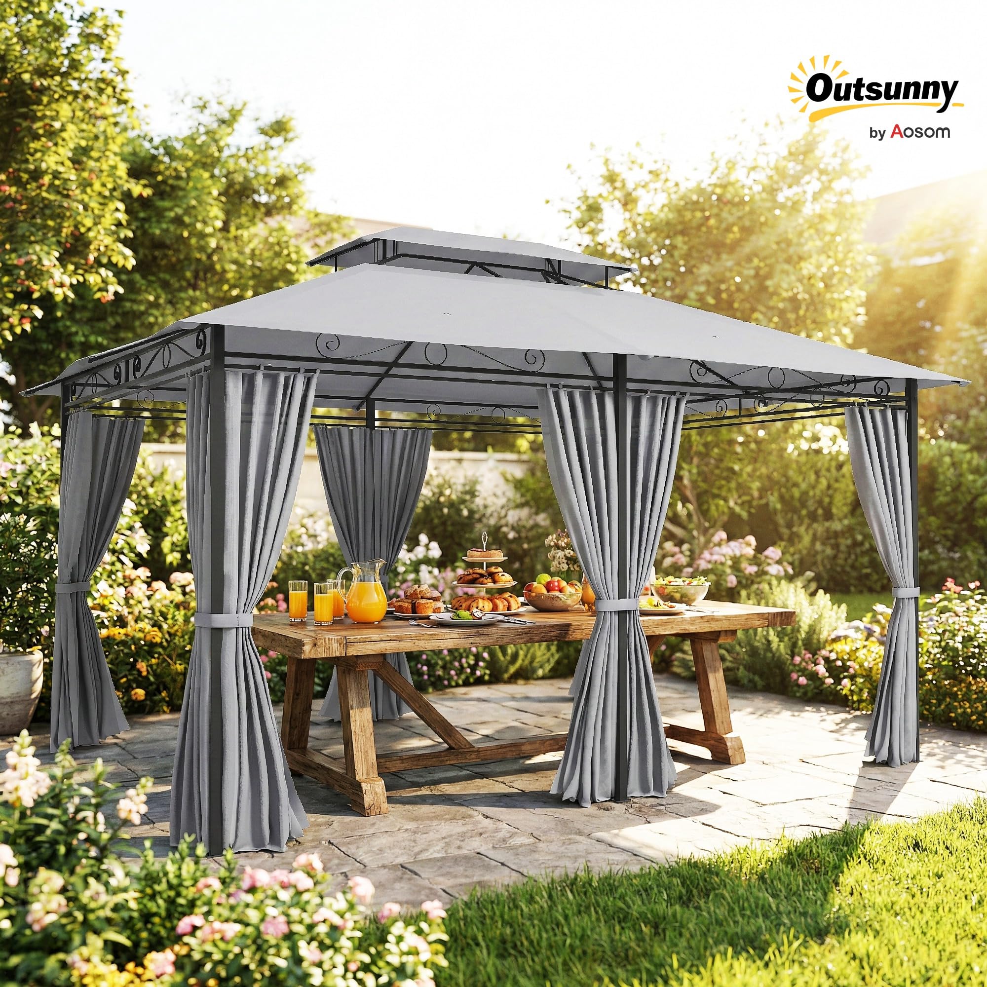 Outsunny Cenador para Jardín 3x4 m, Pabellón de Jardín, Gazebo con Doble Techo, 6 Paredes Laterales, Estructura Metálica, Drenaje, Carpa para Exterior, Terraza, Patio, Gris Oscuro