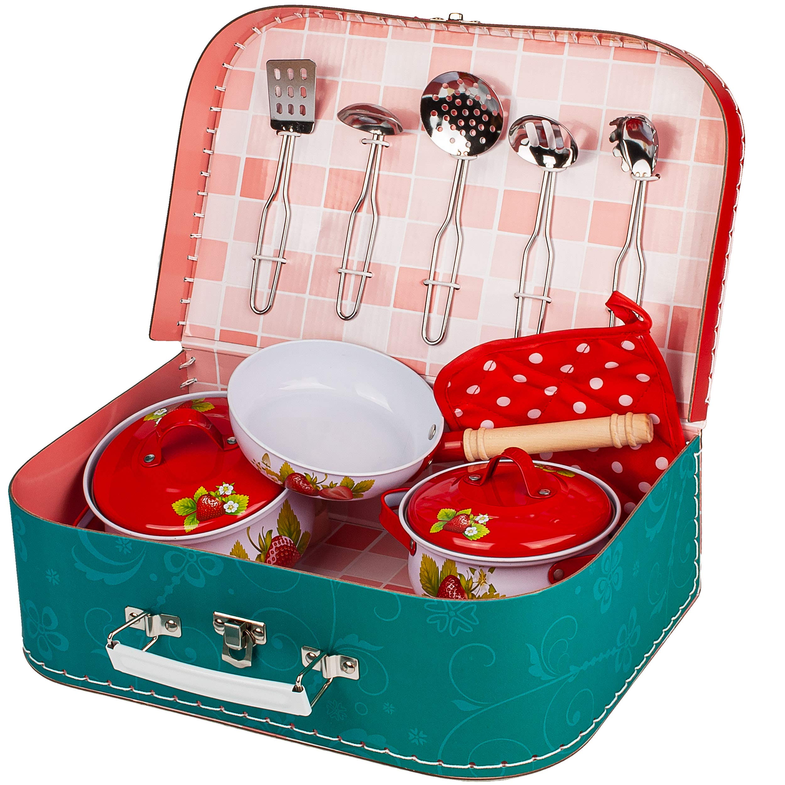 alles-meine.de GmbH 12 TLG. großes Set Koffer - Kochset & Topfset - Puppengeschirr/Kochtopfset - Erdbeere & Kochplatte - aus Metall/Emaille - echte Blech Töpfe/Panne + Kü..
