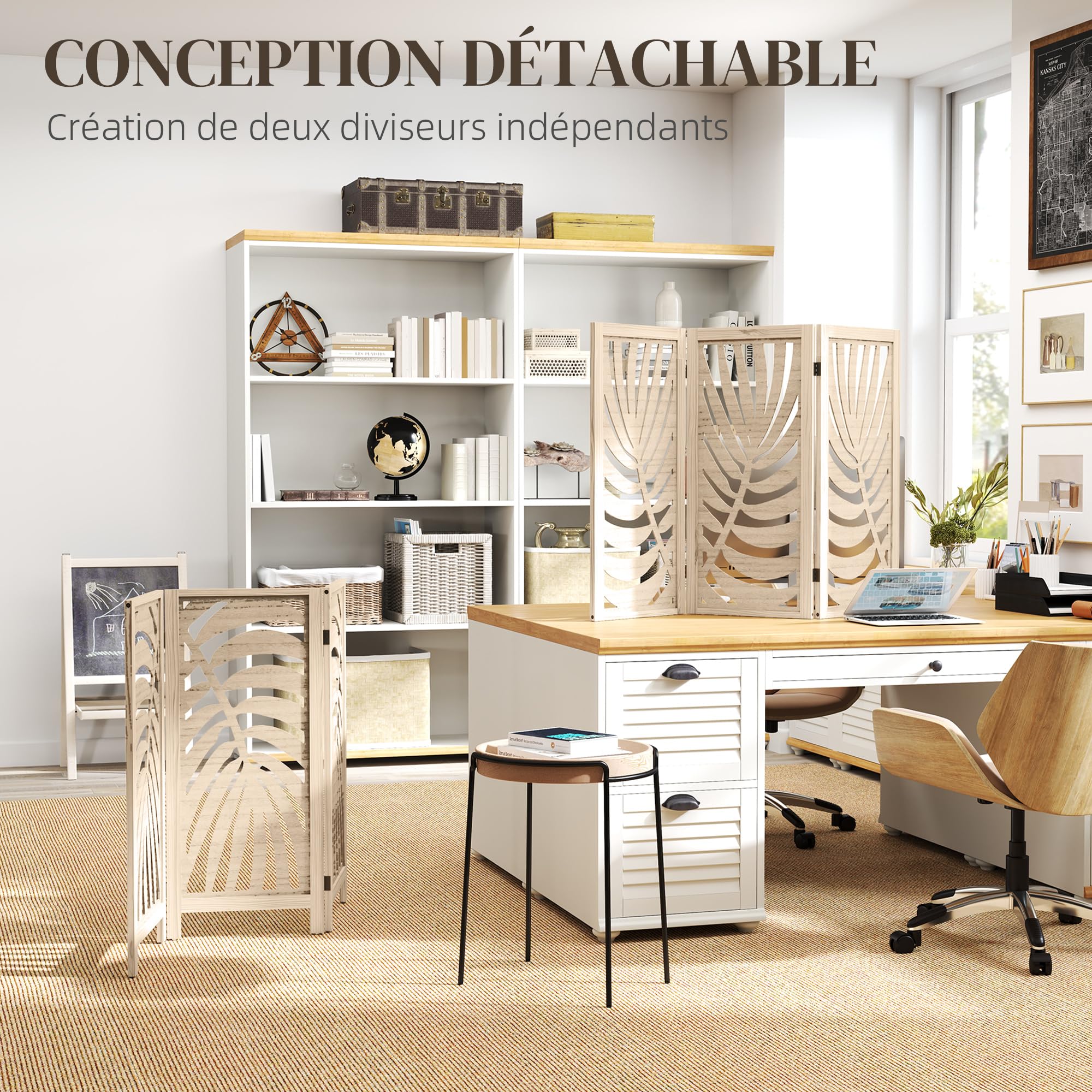 HOMCOM 3-teiliger Raumteiler, klappbar, natürliches Holzfinish | Abnehmbar, tragbarer Sichtschutz, freistehende Trennwandteiler, Palmblatt-Design, Home Office, Schlafzimmer