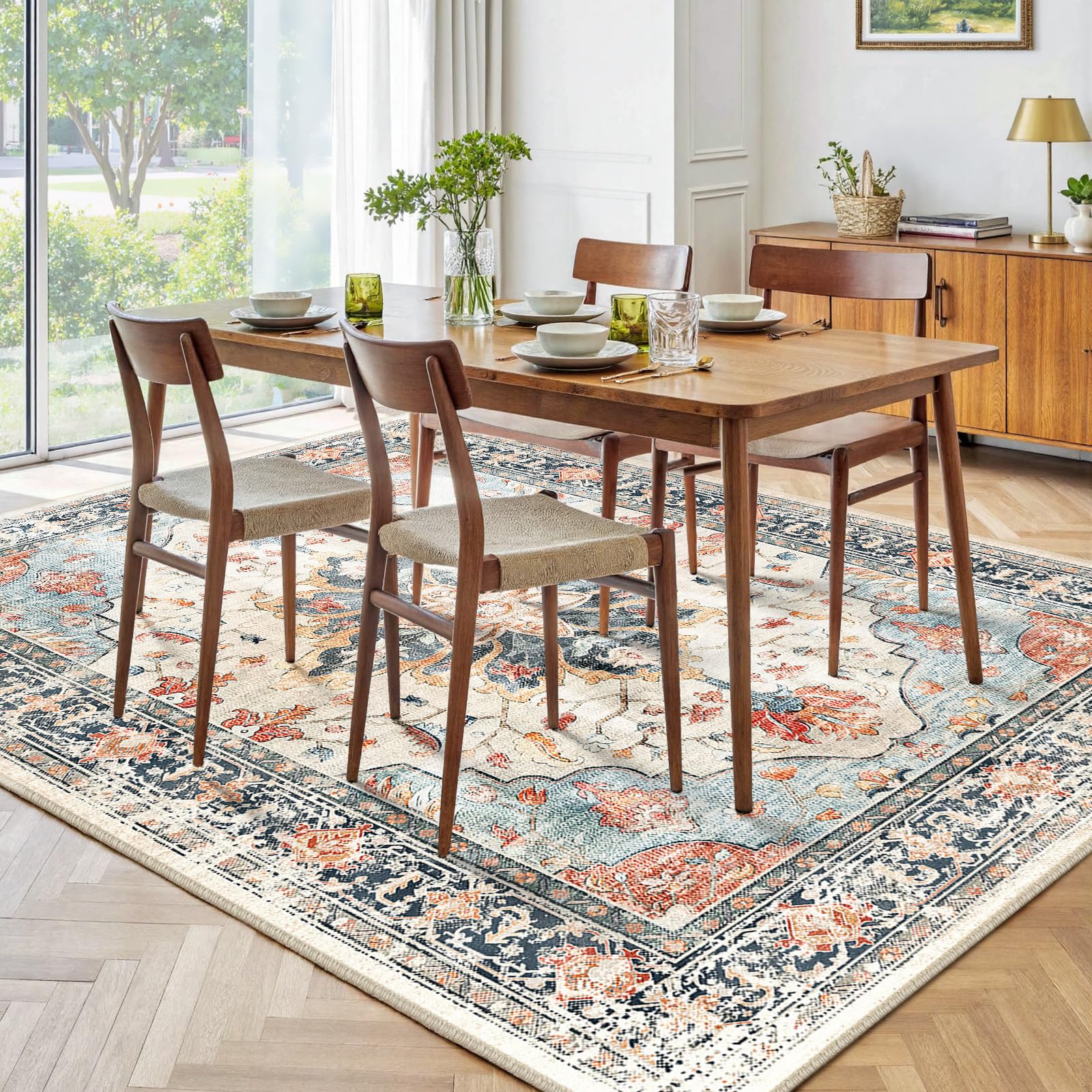 INOVADAY Vintage Waschbarer Teppich Wohnzimmer 90x150 cm Boho Kurzflor rutschfest Teppich Weich Teppiche mit Druckmuster für Schlafzimmer, Esszimmer, Büro Beige/Blau/Orange