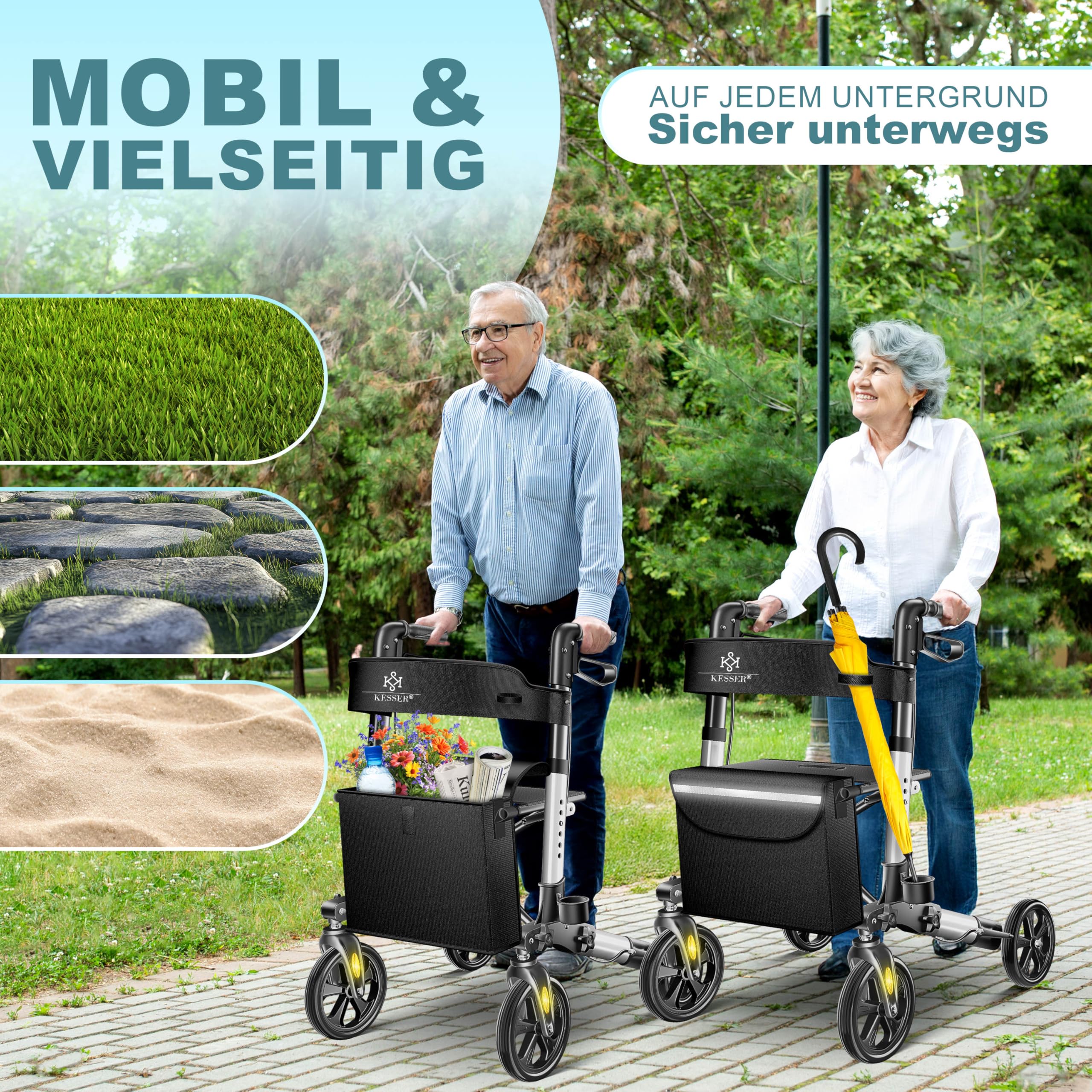 KESSER Leichtgewicht Rollator faltbar mit Sitz, Griff, Tasche, schmal für Senioren Wohnung, Klappbar, Höhenverstellbar, Reflektoren | All Gelände Reifen Indoor-& Outdoor, Gehhilfe, Laufhilfe, Schwarz